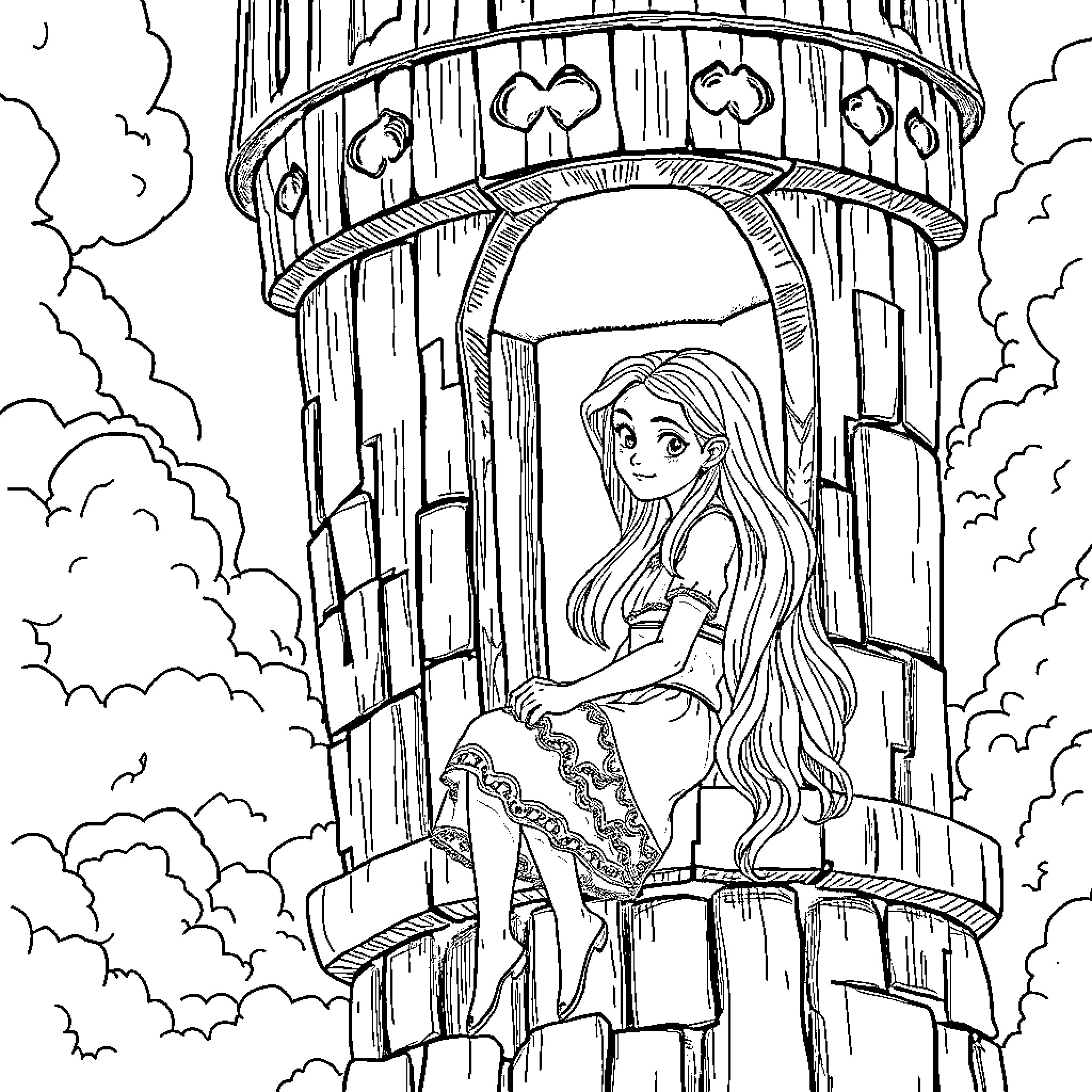 Rapunzel sitting in tower with ornate balcony Coloring Page (free black-and-white line drawing printable PDF for all, from beginners to advanced learners, including children, teens, adults, and seniors)