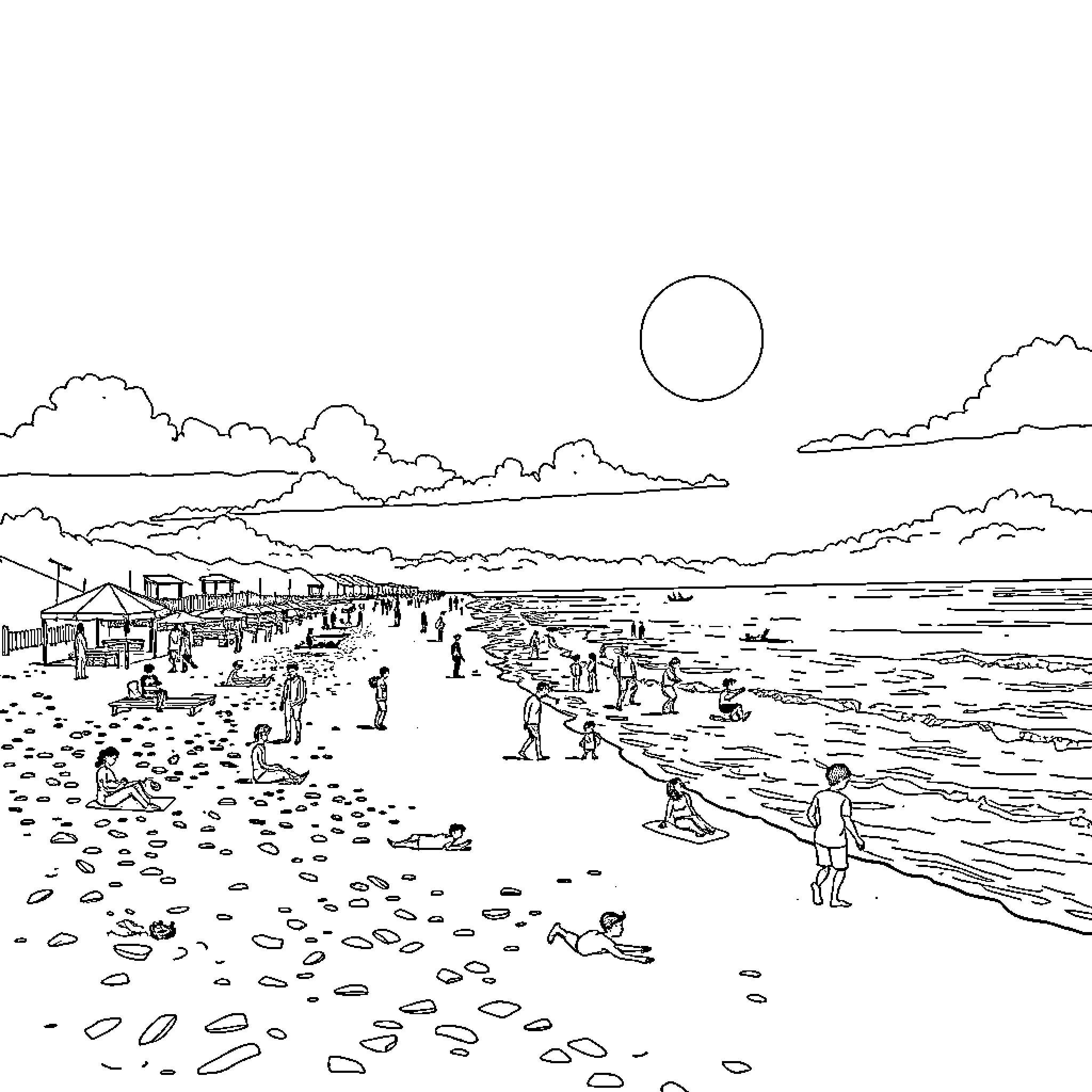 Butt Kicking Fun at the Beach Coloring Page (free black-and-white line drawing printable PDF for all, from beginners to advanced learners, including children, teens, adults, and seniors)