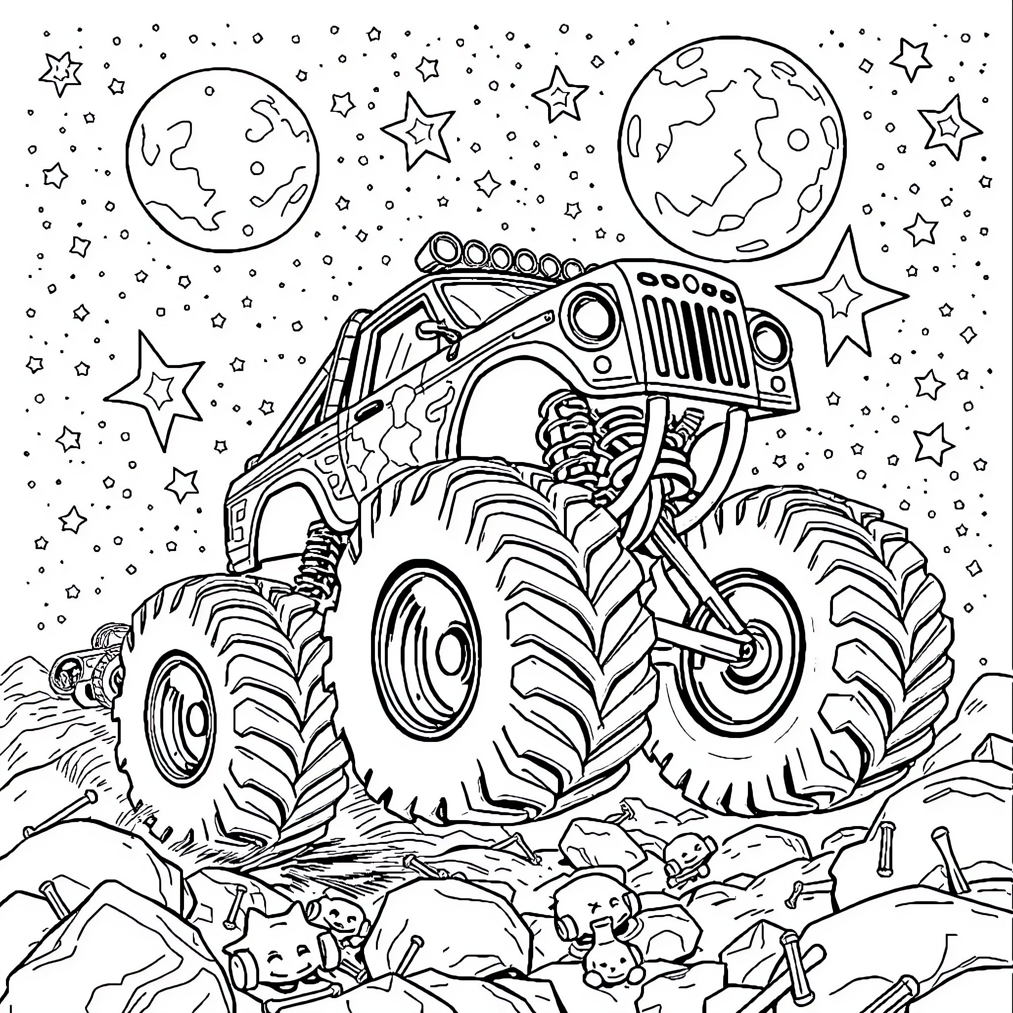 Monster Truck Conquering the Cosmic Landscape Coloring Page (free black-and-white line drawing printable PDF for all, from beginners to advanced learners, including children, teens, adults, and seniors)