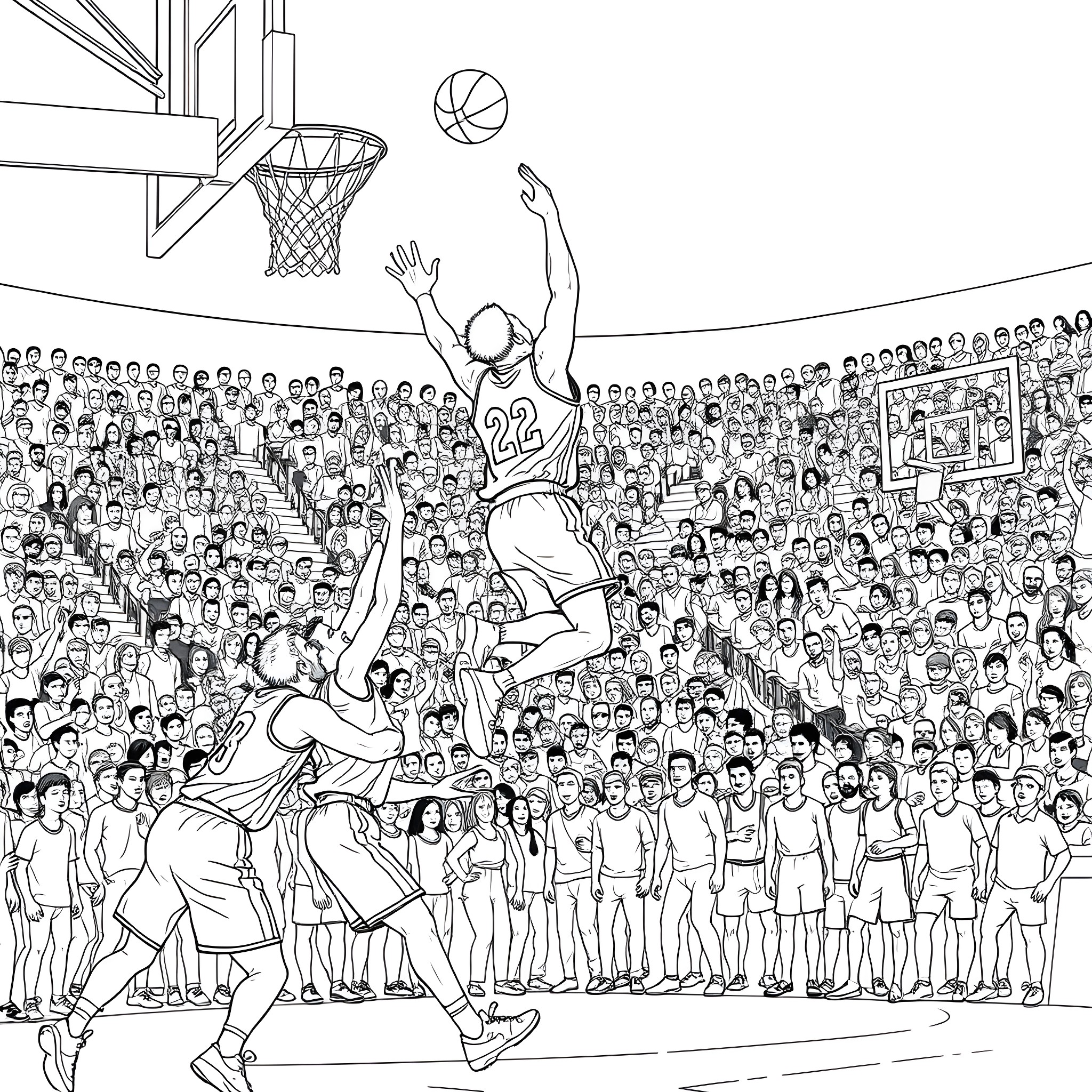 Dunk Amid Cheering Crowd at Basketball Game Coloring Page (free black-and-white line drawing printable PDF for all, from beginners to advanced learners, including children, teens, adults, and seniors)