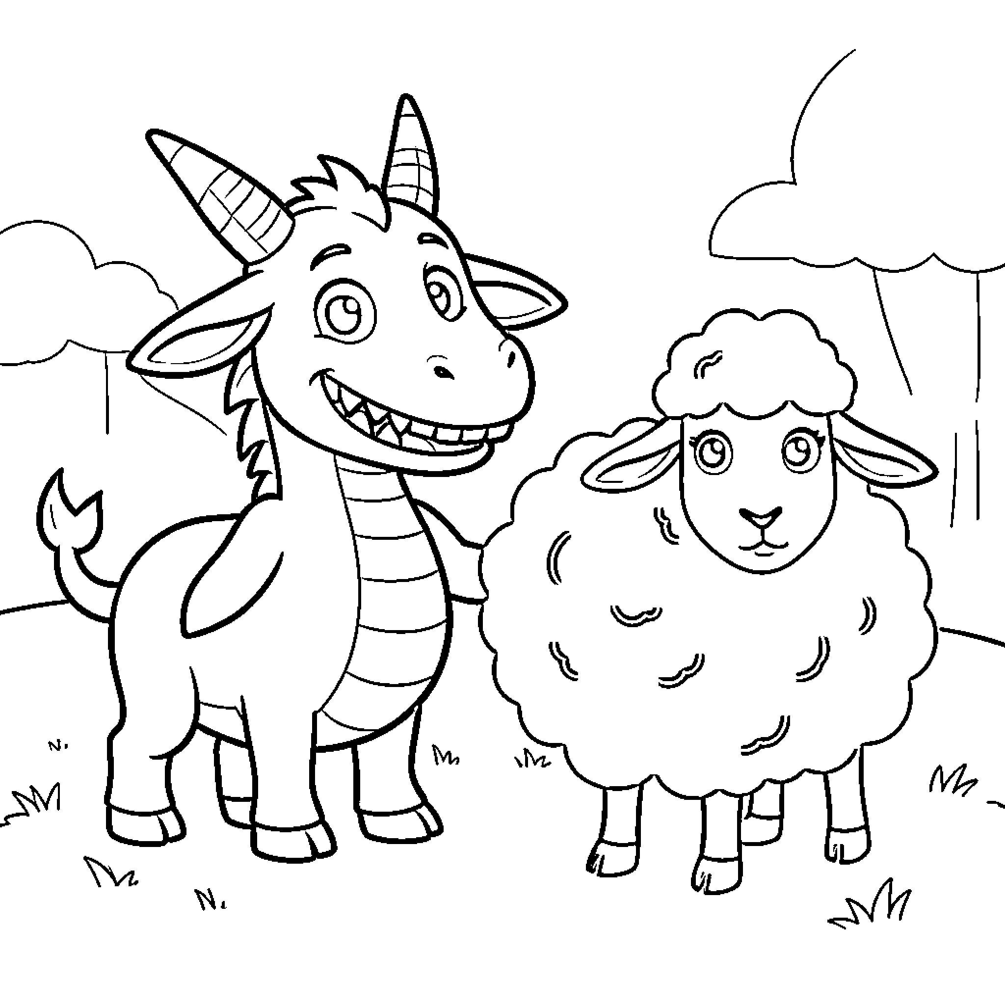 Desdentao's Playful Encounter with a Wooly Companion Coloring Page (free black-and-white line drawing printable PDF for all, from beginners to advanced learners, including children, teens, adults, and seniors)