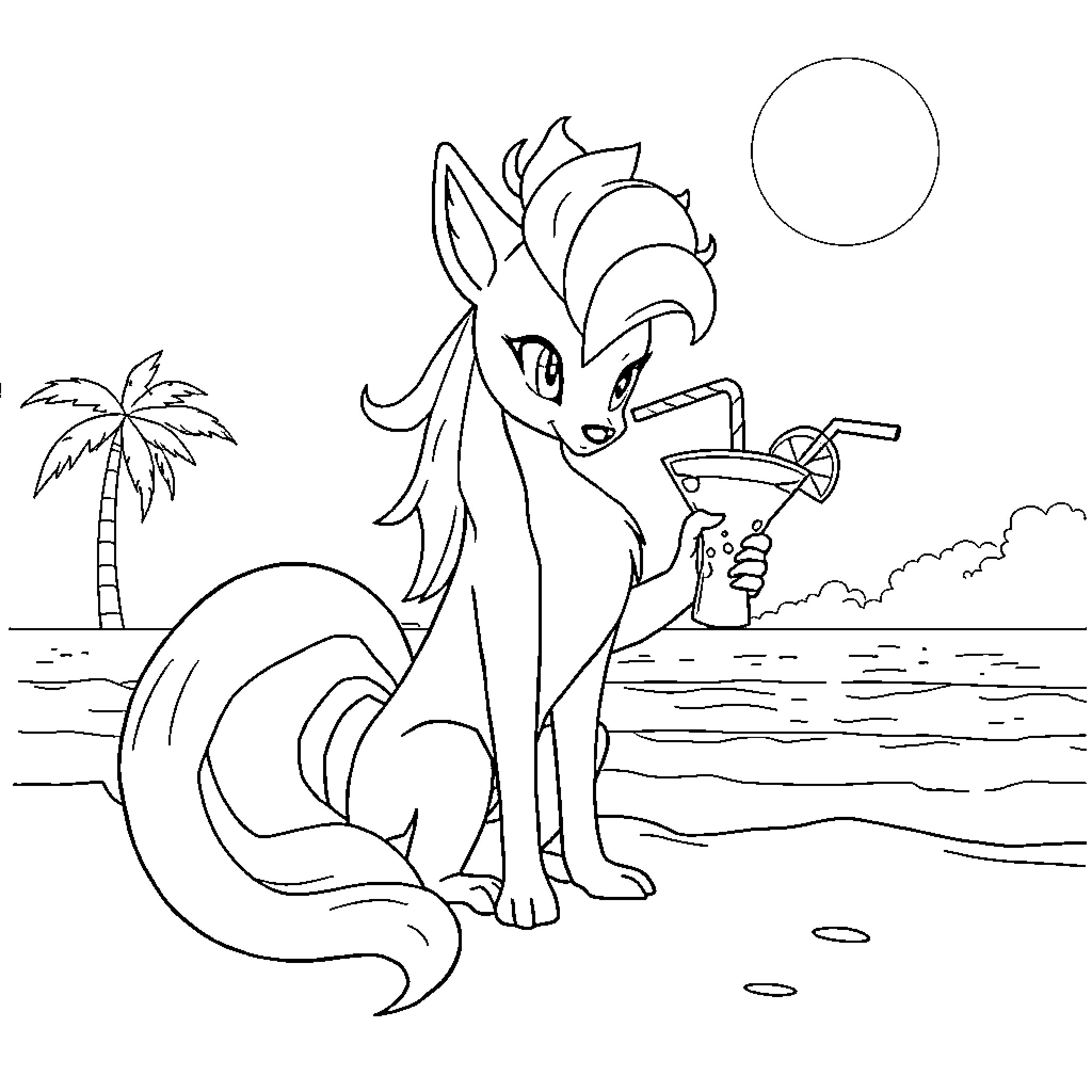Ninetales enjoying a tropical drink on the beach Coloring Page (free black-and-white line drawing printable PDF for all, from beginners to advanced learners, including children, teens, adults, and seniors)