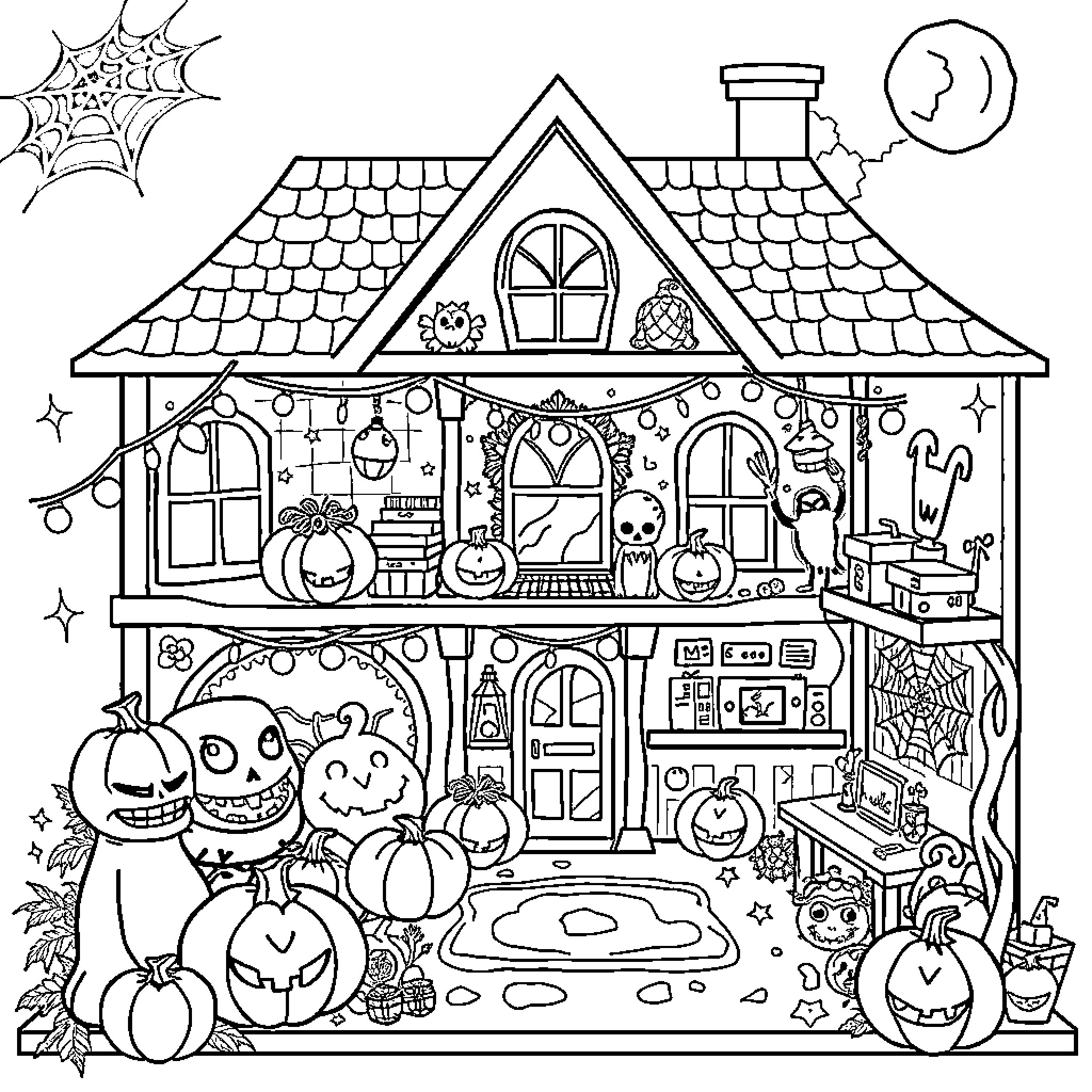 Gabby's Spooky Halloween House Coloring Page (free black-and-white line drawing printable PDF for all, from beginners to advanced learners, including children, teens, adults, and seniors)