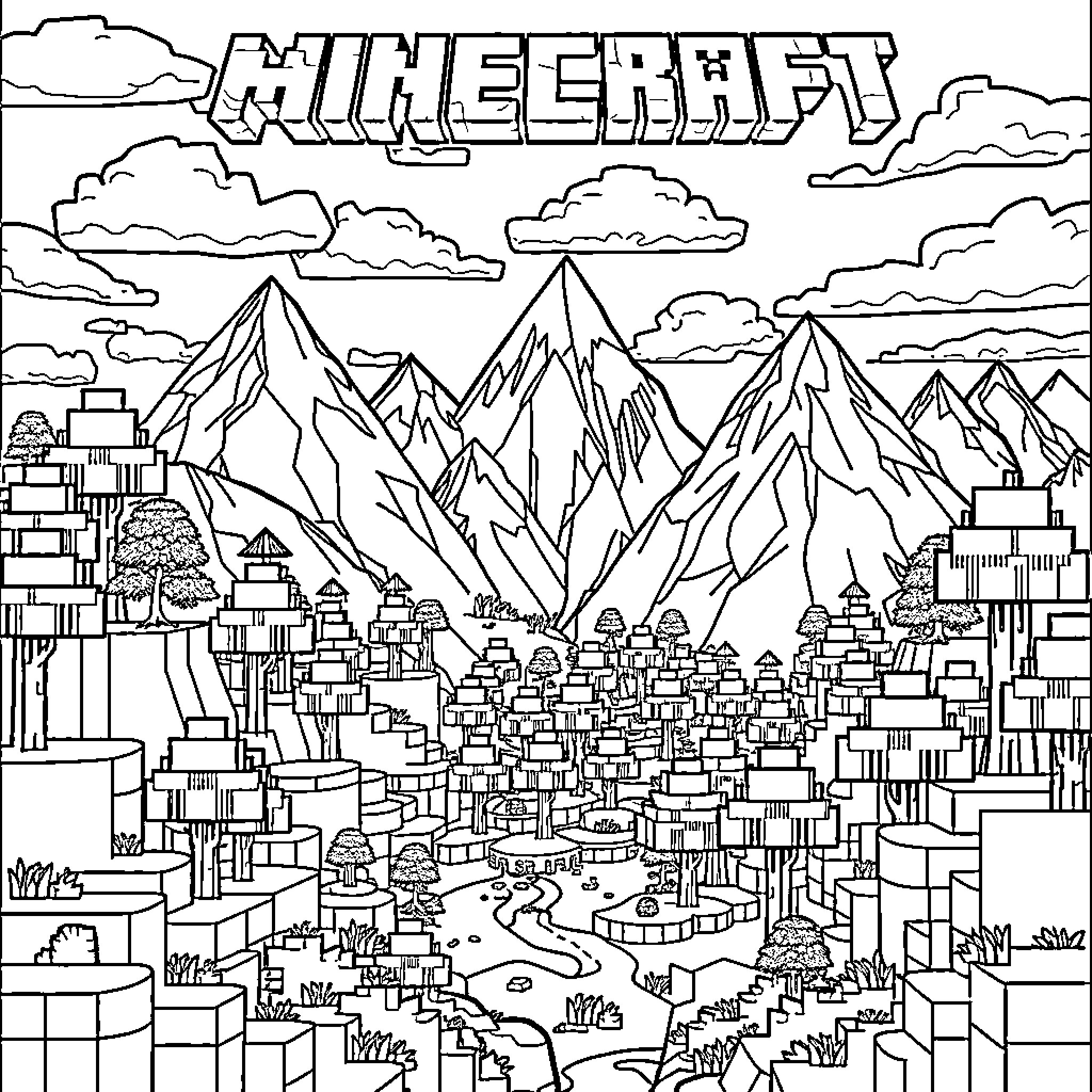 Minecraft Mountainous Landscape with Buildings and Structures Coloring Page (free black-and-white line drawing printable PDF for all, from beginners to advanced learners, including children, teens, adults, and seniors)