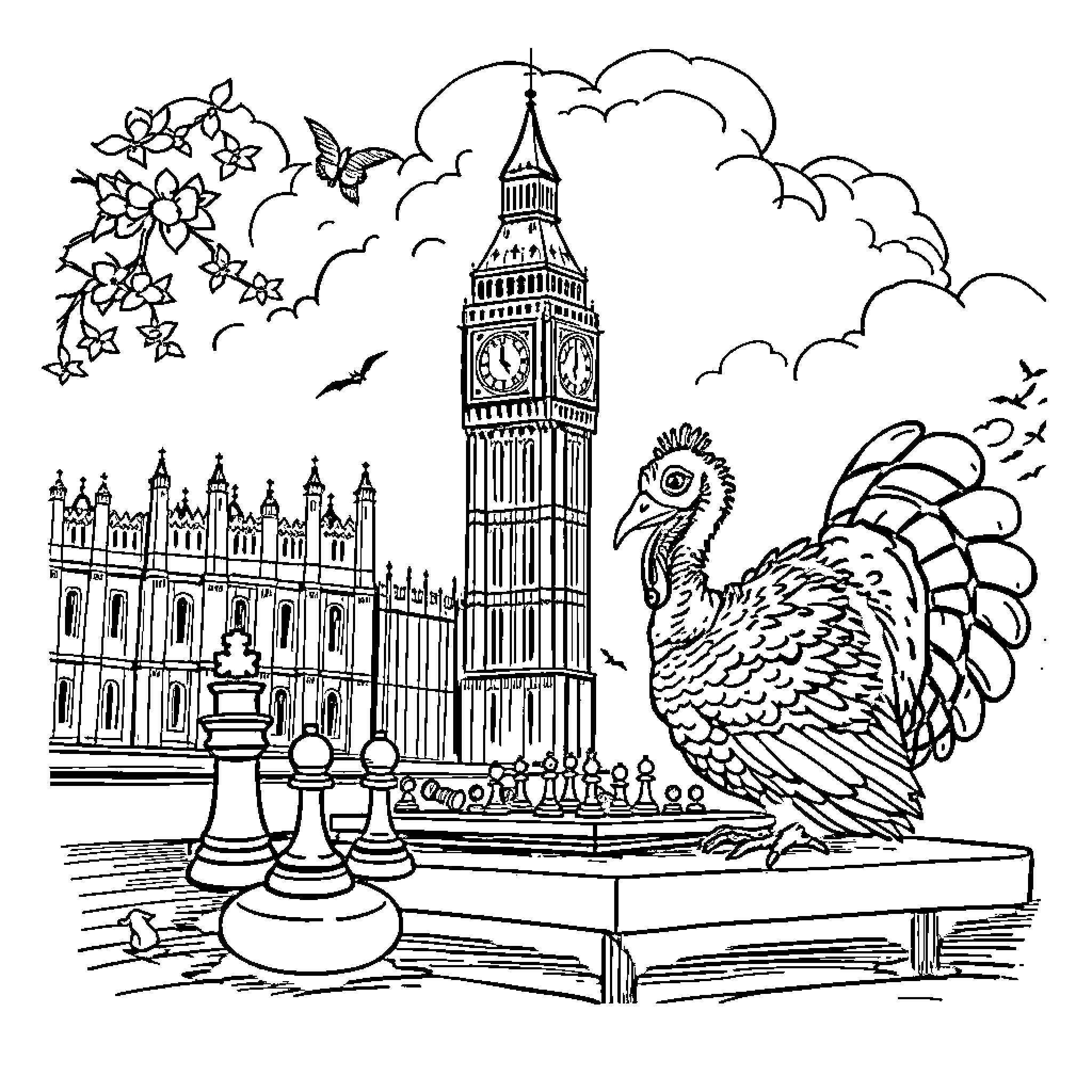 Turkey exploring iconic London landmarks Coloring Page (free black-and-white line drawing printable PDF for all, from beginners to advanced learners, including children, teens, adults, and seniors)