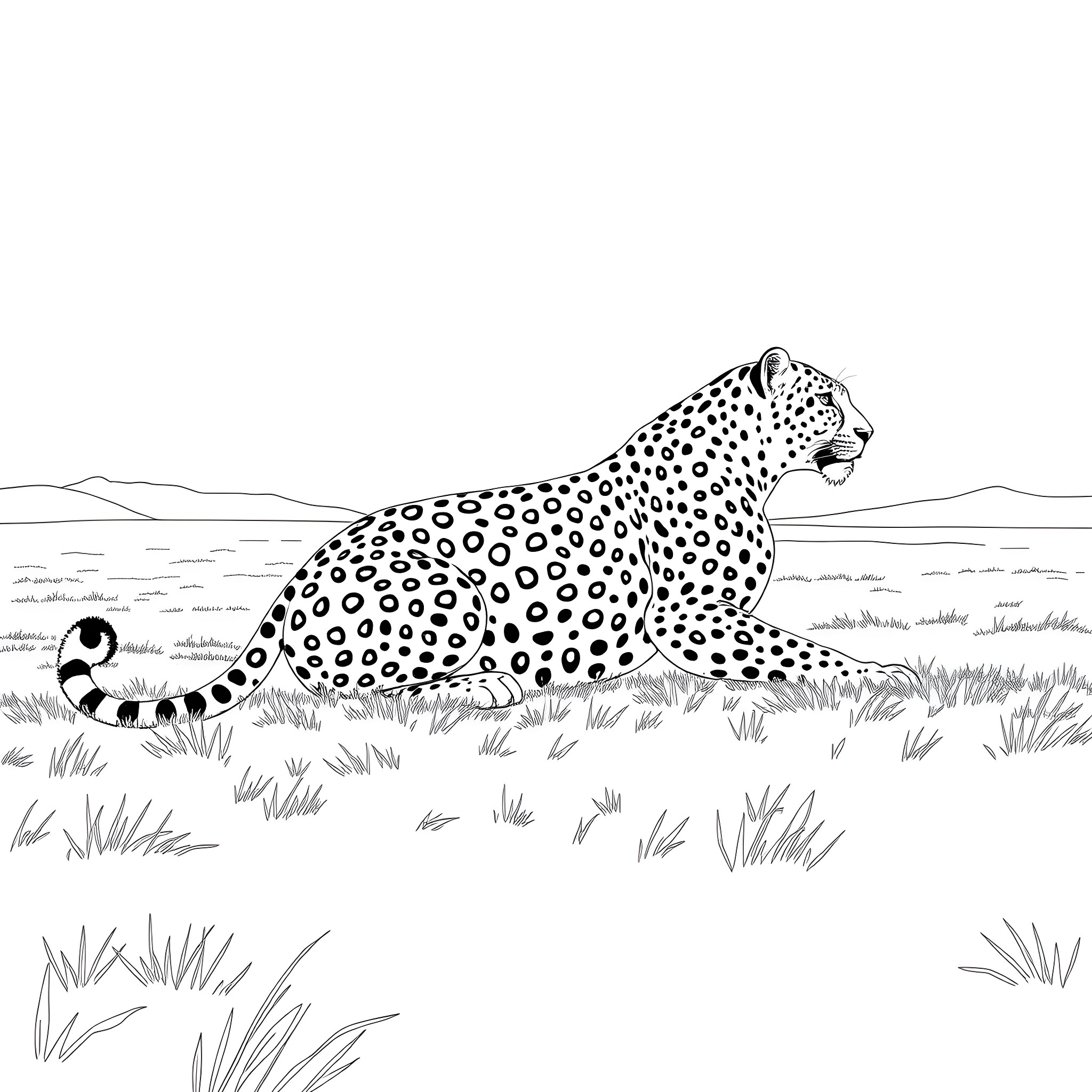 Leopard resting in the savanna grasslands Coloring Page (free black-and-white line drawing printable PDF for all, from beginners to advanced learners, including children, teens, adults, and seniors)