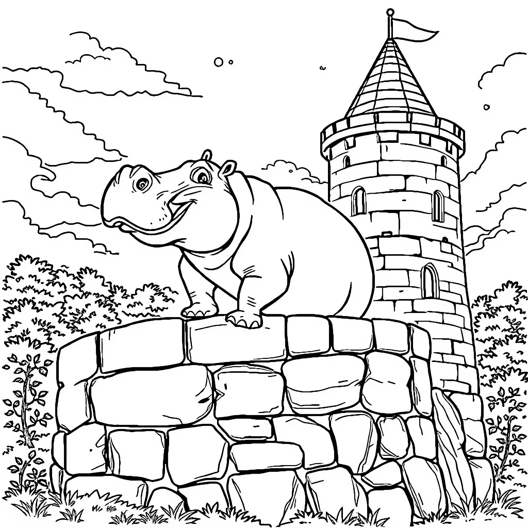 Hippopotamus guarding a castle in the clouds Coloring Page (free black-and-white line drawing printable PDF for all, from beginners to advanced learners, including children, teens, adults, and seniors)