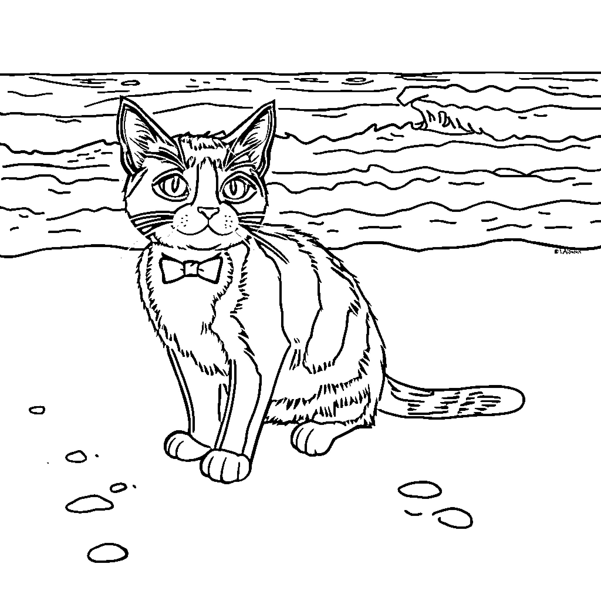 Tuxedo Cat enjoying the beach scenery Coloring Page (free black-and-white line drawing printable PDF for all, from beginners to advanced learners, including children, teens, adults, and seniors)