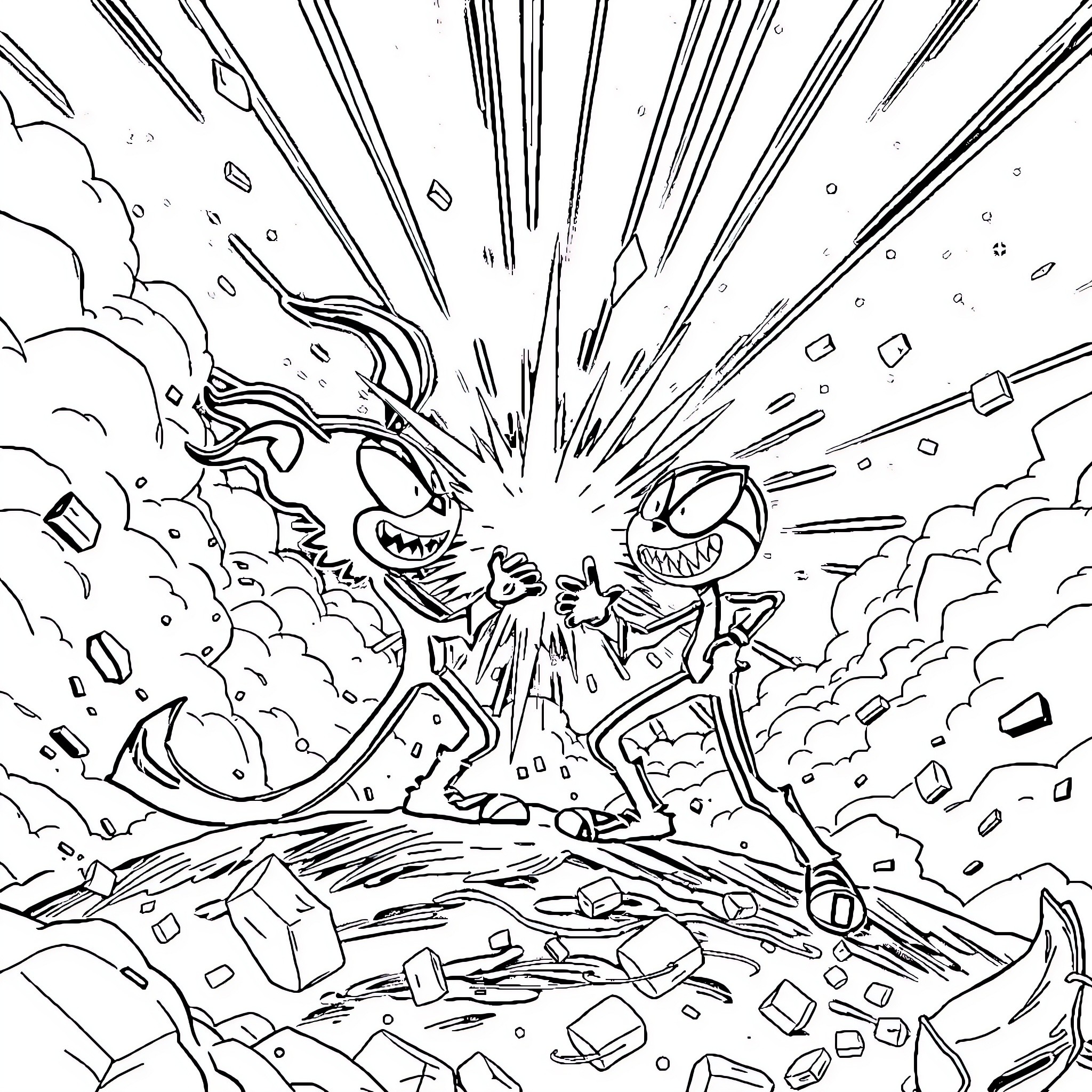 Jinx's Explosive Encounter Coloring Page (free black-and-white line drawing printable PDF for all, from beginners to advanced learners, including children, teens, adults, and seniors)
