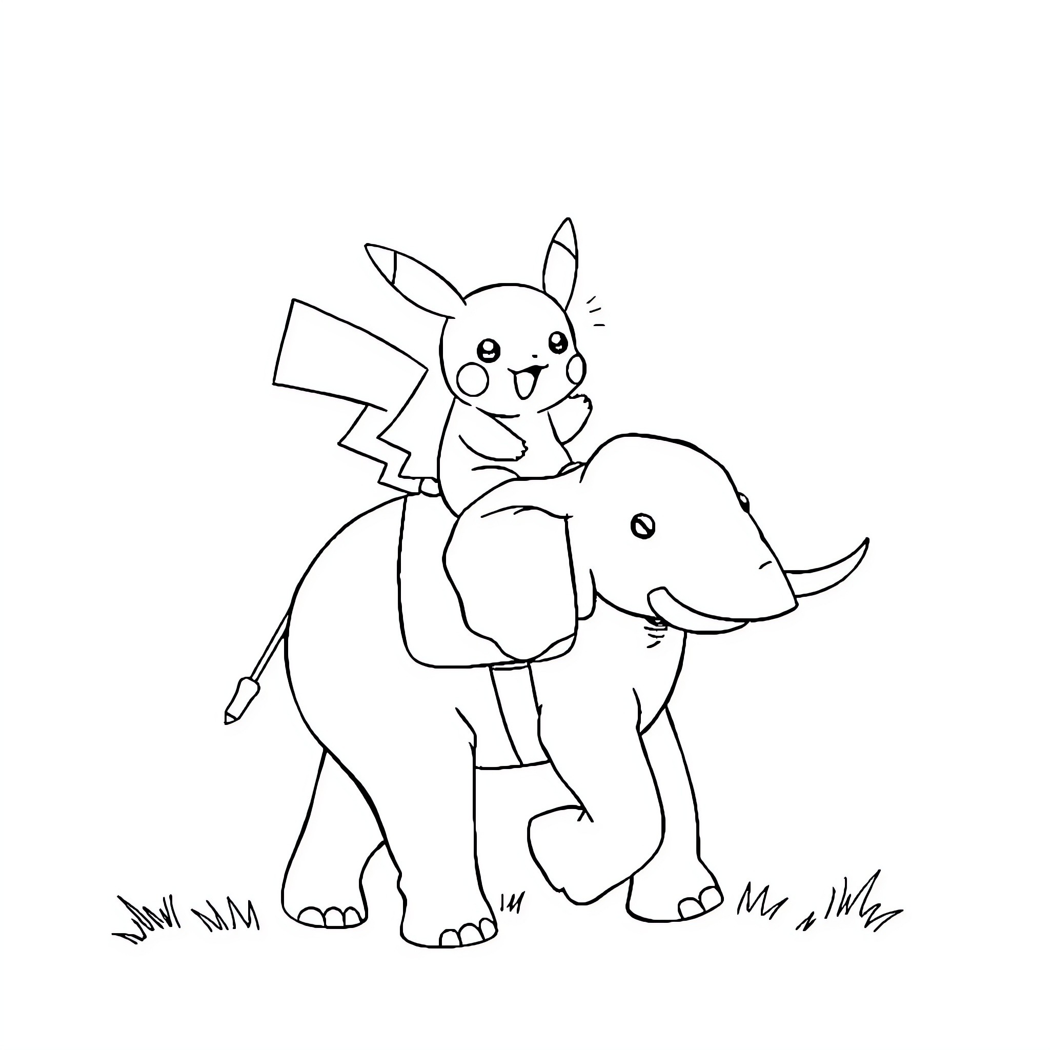 Pikachu riding on an elephant Coloring Page (free black-and-white line drawing printable PDF for all, from beginners to advanced learners, including children, teens, adults, and seniors)