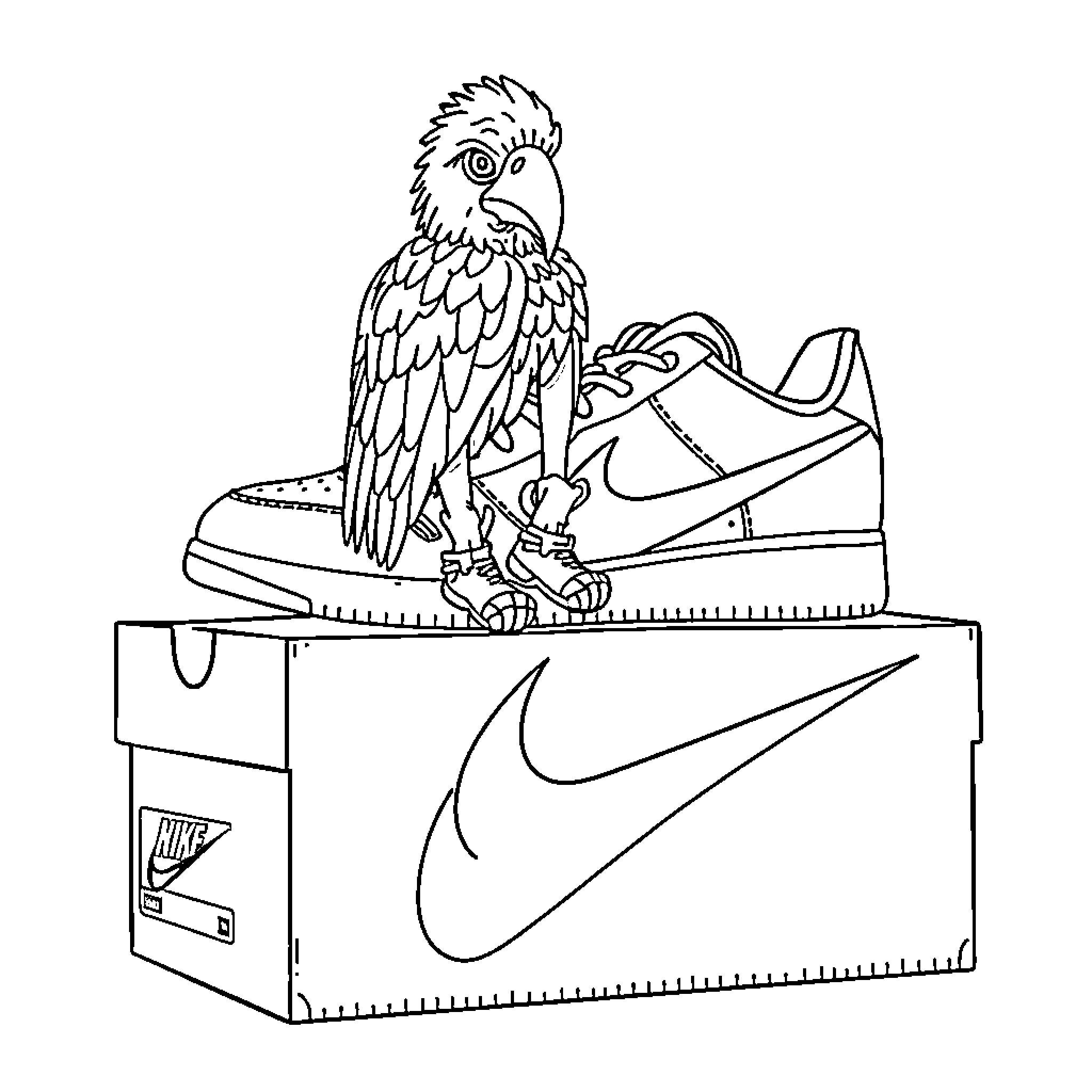 Kaws Parrot Sitting on Nike Sneaker Box Coloring Page (free black-and-white line drawing printable PDF for all, from beginners to advanced learners, including children, teens, adults, and seniors)