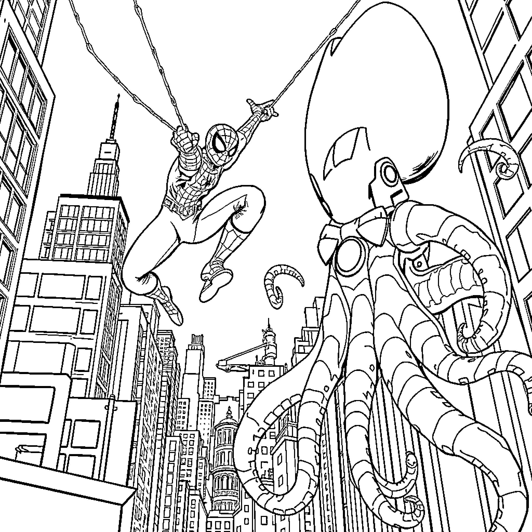 Spiderman battles a giant mechanical villain in the city Coloring Page (free black-and-white line drawing printable PDF for all, from beginners to advanced learners, including children, teens, adults, and seniors)