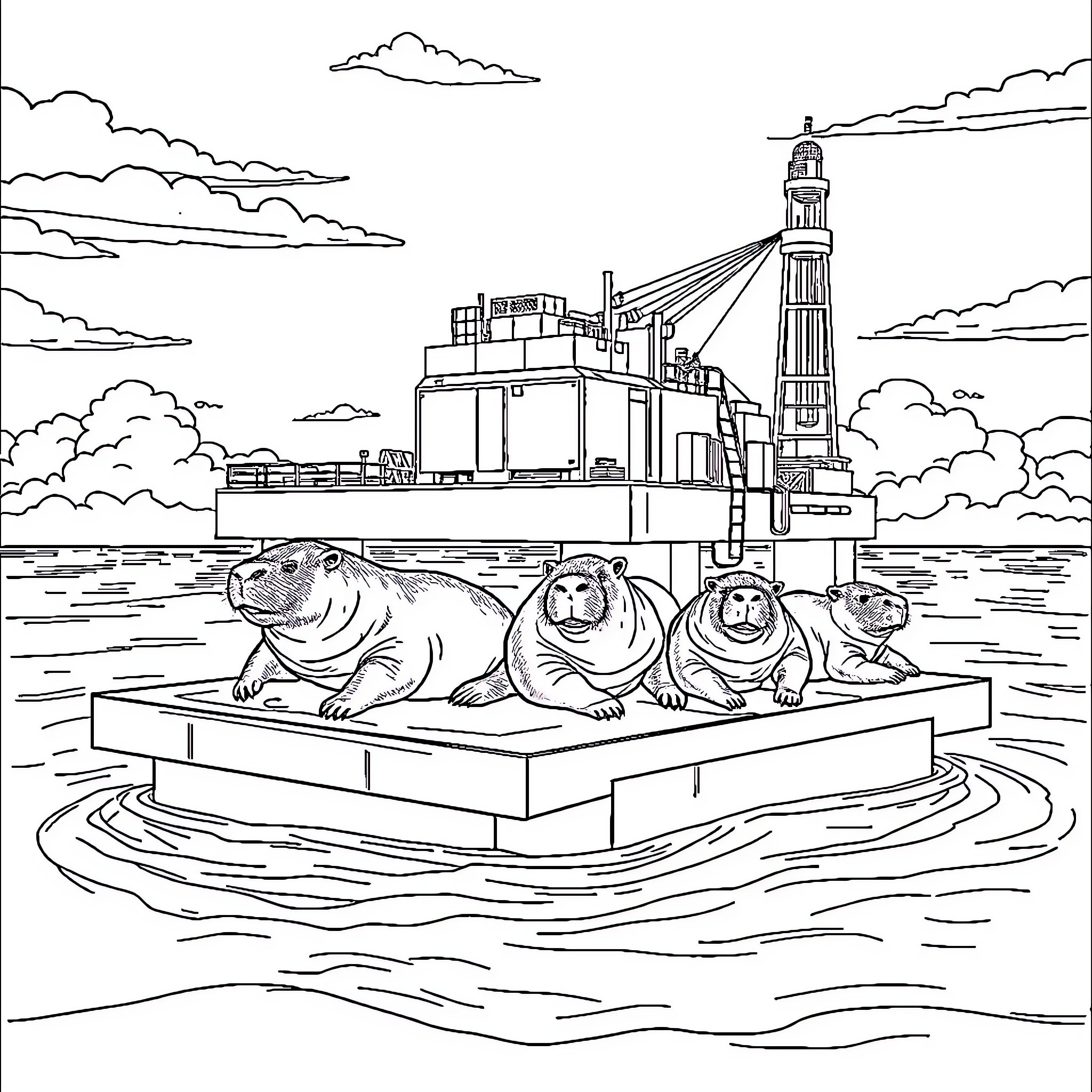 Capybara family relaxing on a floating platform Coloring Page (free black-and-white line drawing printable PDF for all, from beginners to advanced learners, including children, teens, adults, and seniors)