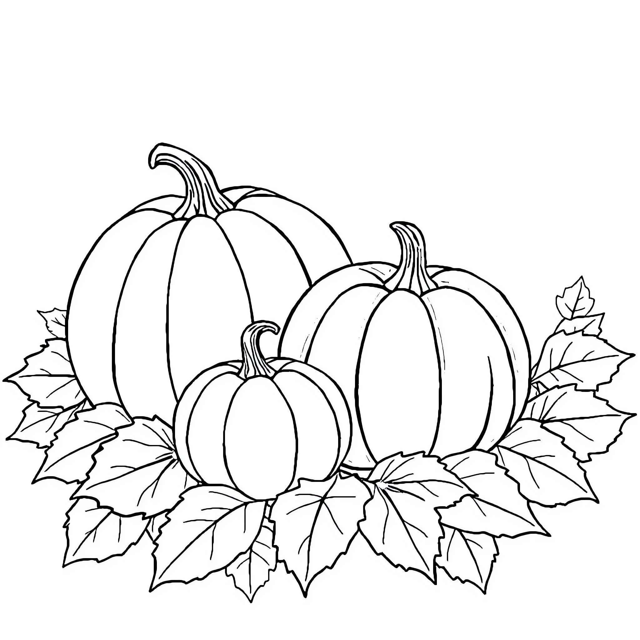 Pumpkins surrounded by autumn leaves Coloring Page (free black-and-white line drawing printable PDF for all, from beginners to advanced learners, including children, teens, adults, and seniors)