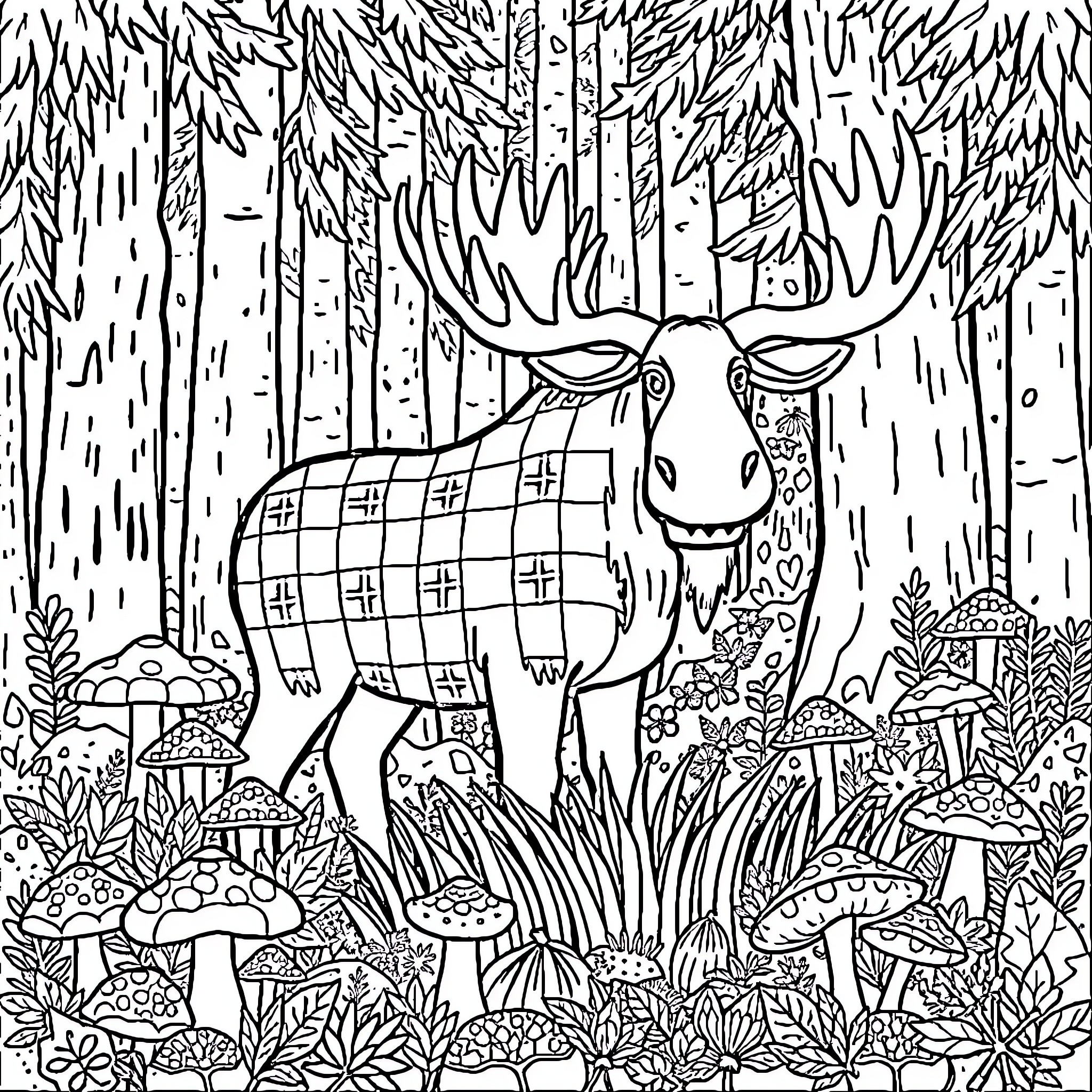 Moose in a whimsical forest scene Coloring Page (free black-and-white line drawing printable PDF for all, from beginners to advanced learners, including children, teens, adults, and seniors)