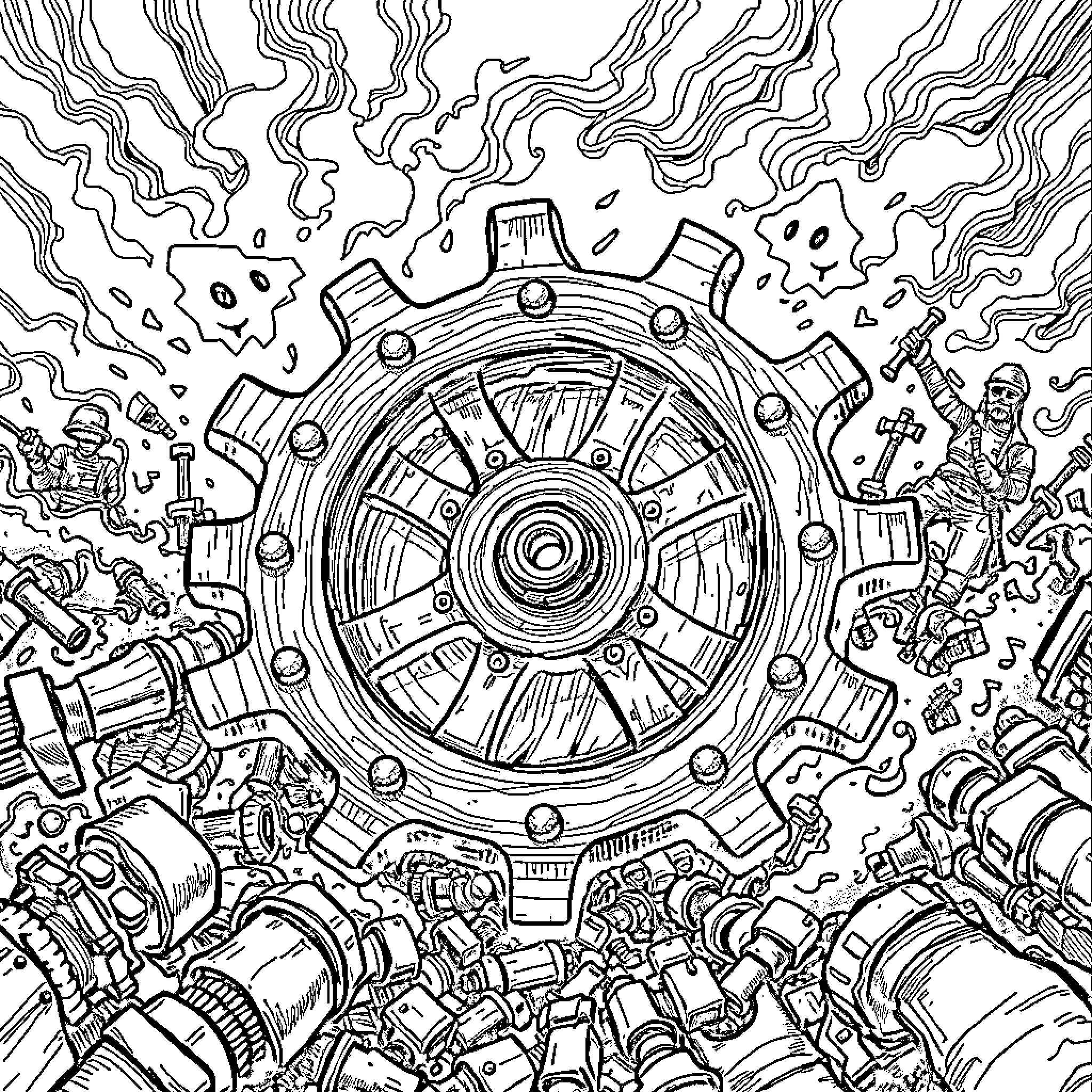 Cog Machinery in Whirlwind of Mechanical Elements Coloring Page (free black-and-white line drawing printable PDF for all, from beginners to advanced learners, including children, teens, adults, and seniors)