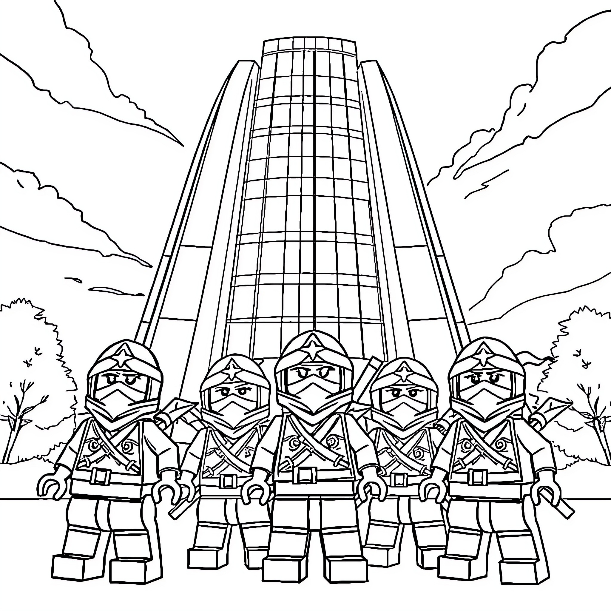 Ninjago warriors on a heroic mission Coloring Page (free black-and-white line drawing printable PDF for all, from beginners to advanced learners, including children, teens, adults, and seniors)