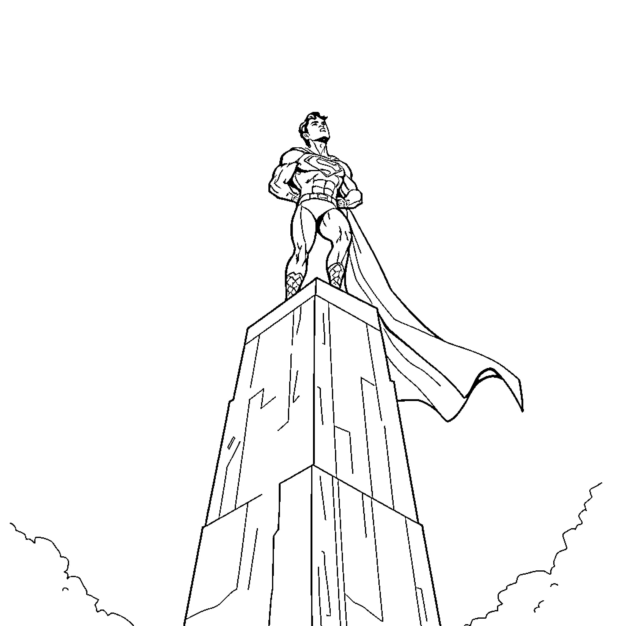 Superman standing heroically atop a towering building Coloring Page (free black-and-white line drawing printable PDF for all, from beginners to advanced learners, including children, teens, adults, and seniors)