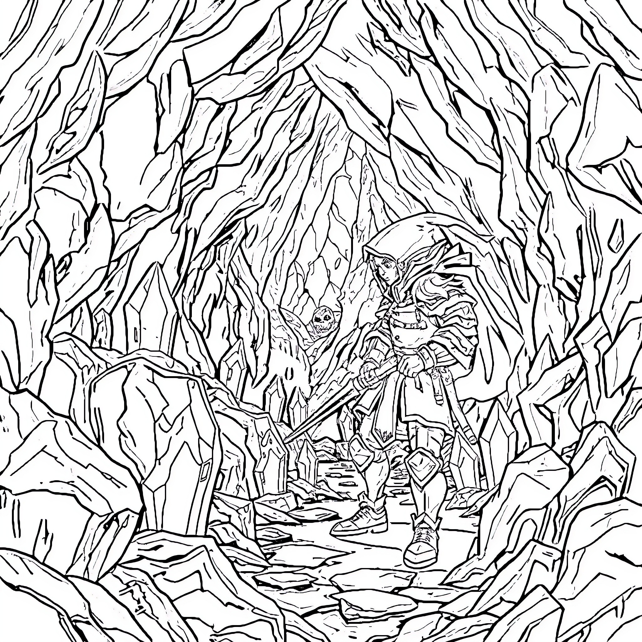 Adventurer Exploring Rugged Mountain Terrain Coloring Page (free black-and-white line drawing printable PDF for all, from beginners to advanced learners, including children, teens, adults, and seniors)