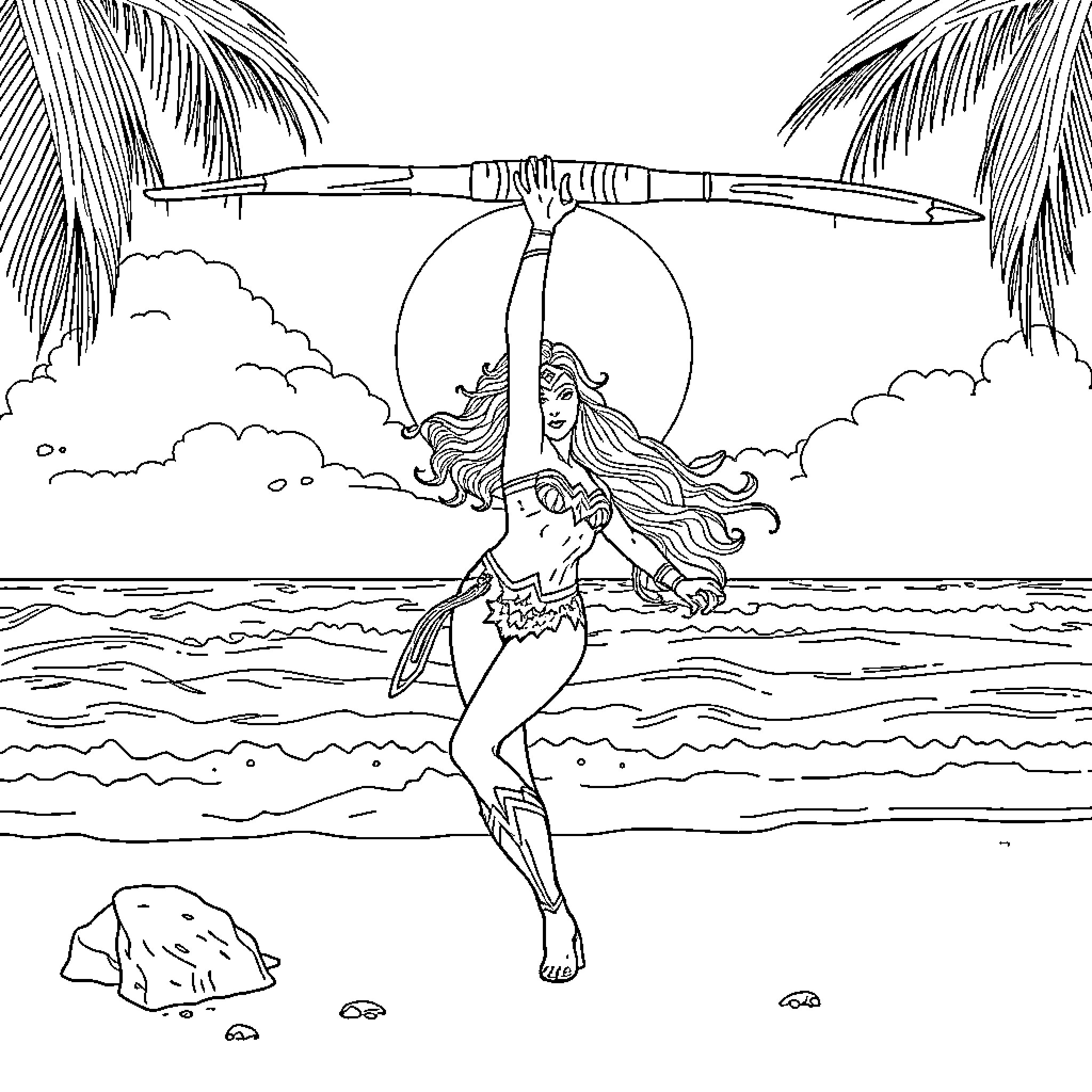 Wonder Woman flying above the tropical beach Coloring Page (free black-and-white line drawing printable PDF for all, from beginners to advanced learners, including children, teens, adults, and seniors)