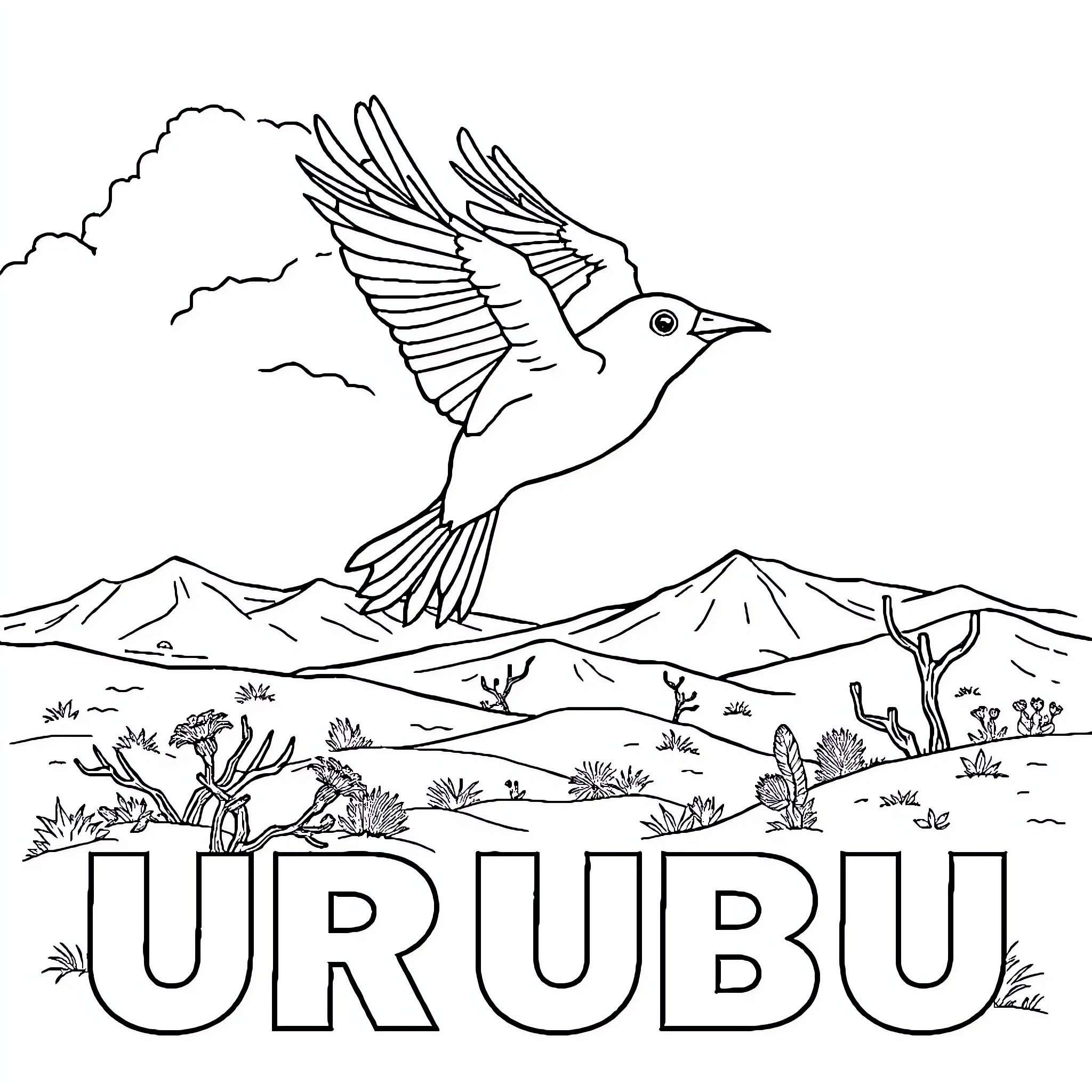 Urubu in flight over desert landscape Coloring Page (free black-and-white line drawing printable PDF for all, from beginners to advanced learners, including children, teens, adults, and seniors)