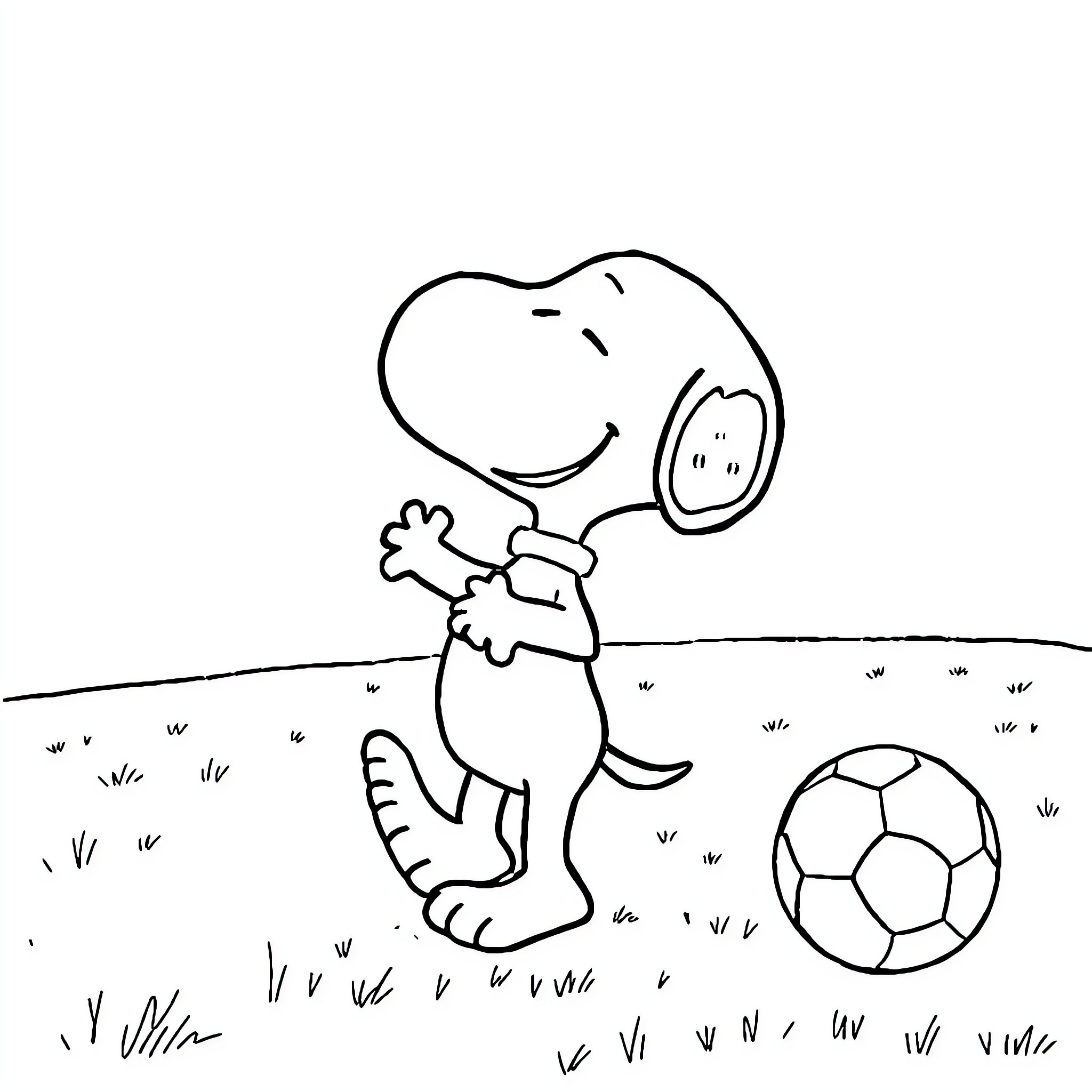 Snoopy playing soccer on the field Coloring Page (free black-and-white line drawing printable PDF for all, from beginners to advanced learners, including children, teens, adults, and seniors)
