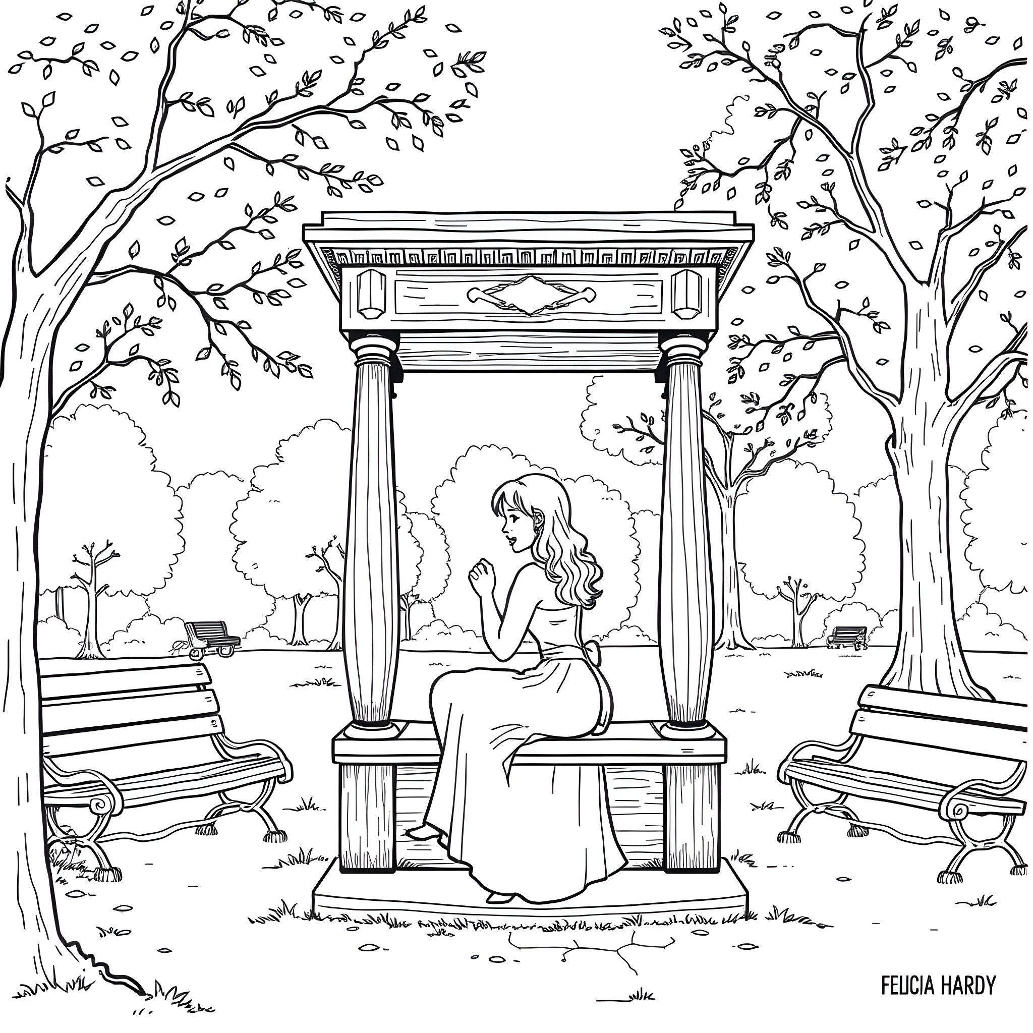 Felicia Hardy in a serene outdoor setting Coloring Page (free black-and-white line drawing printable PDF for all, from beginners to advanced learners, including children, teens, adults, and seniors)