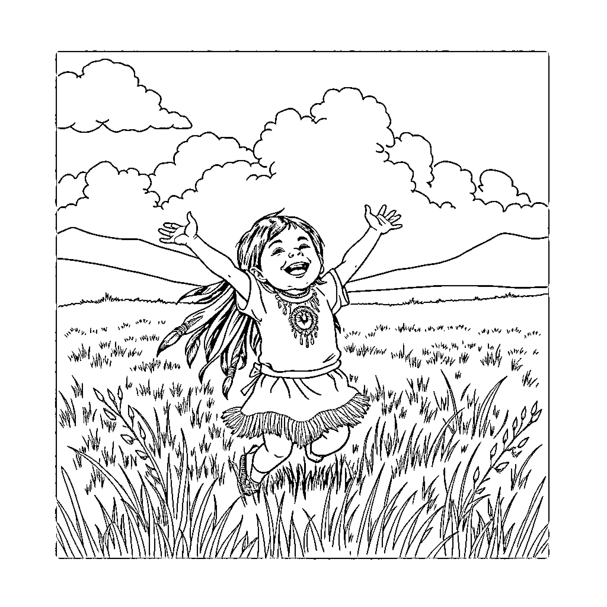 Indian Child Joyfully Exploring the Outdoors Coloring Page (free black-and-white line drawing printable PDF for all, from beginners to advanced learners, including children, teens, adults, and seniors)