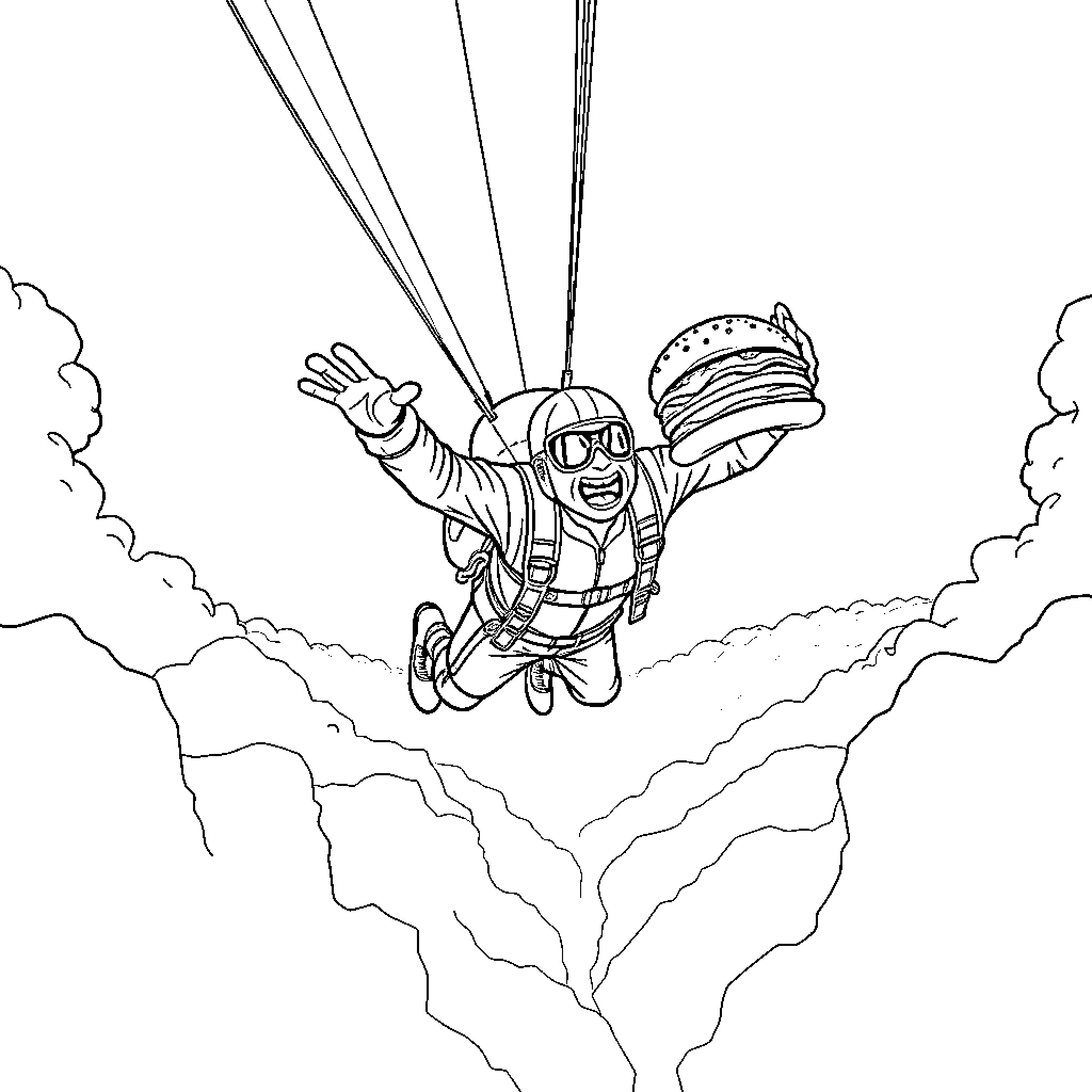Skydiving with excitement and adventure Coloring Page (free black-and-white line drawing printable PDF for all, from beginners to advanced learners, including children, teens, adults, and seniors)