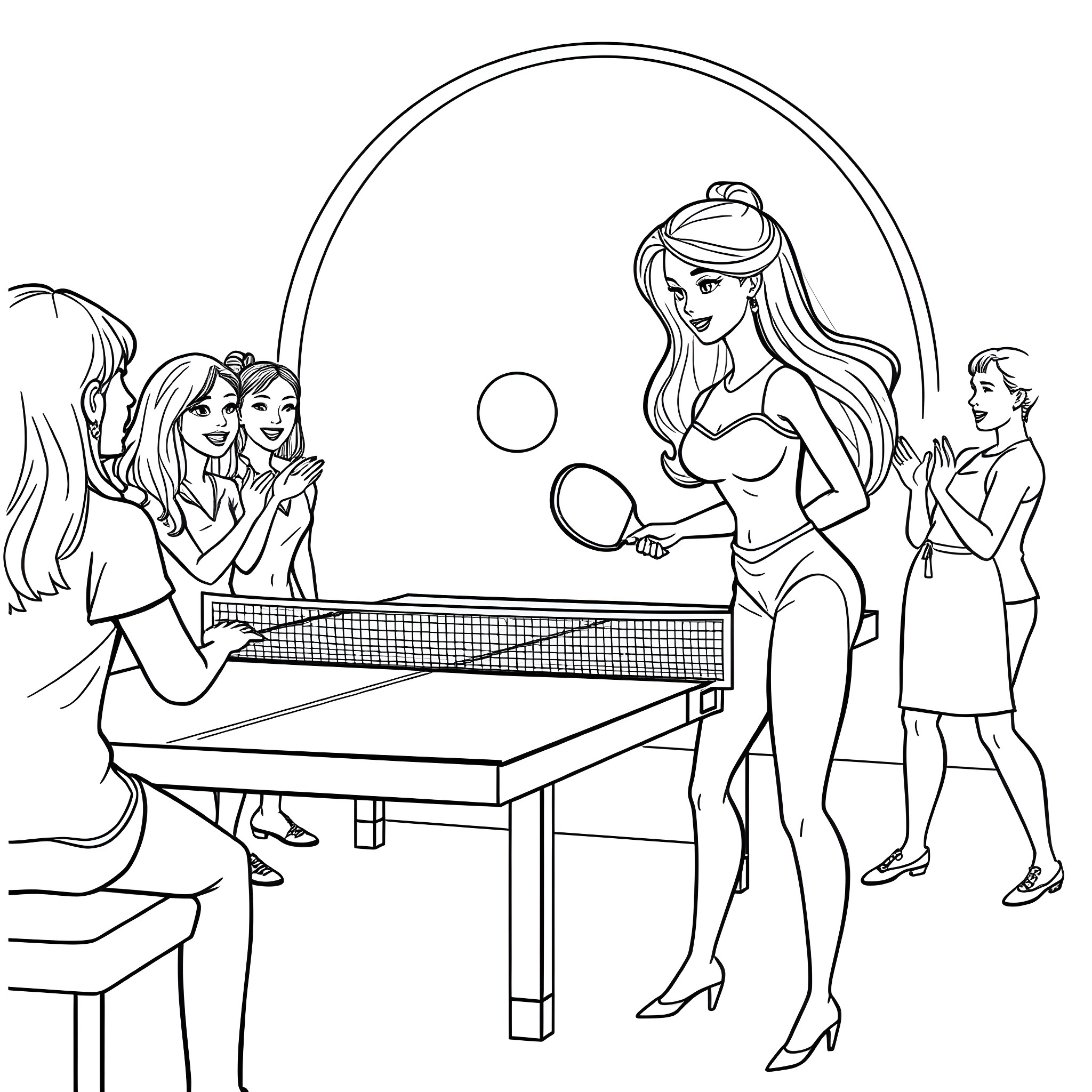 Barbie playing table tennis with friends Coloring Page (free black-and-white line drawing printable PDF for all, from beginners to advanced learners, including children, teens, adults, and seniors)
