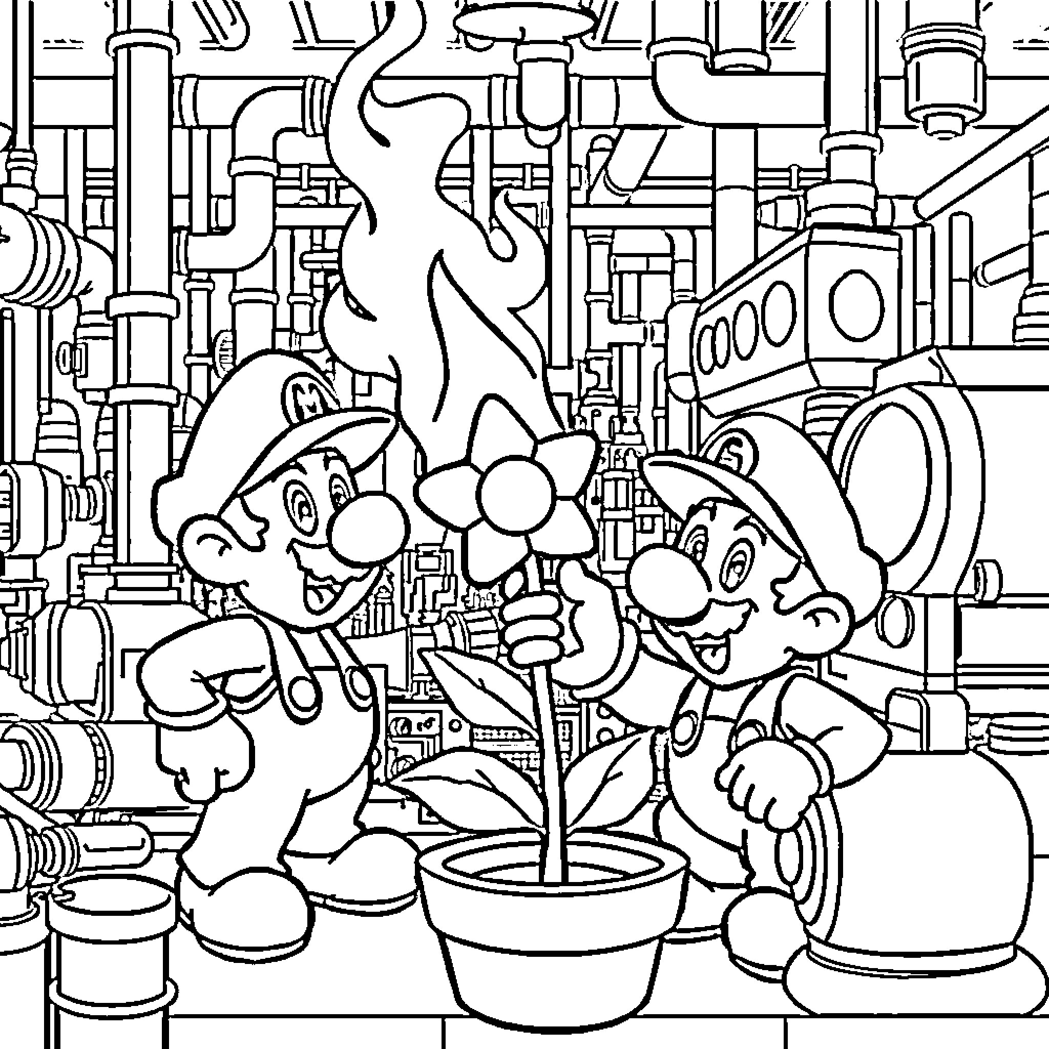 Mario and Luigi Explore the Plumbing System Coloring Page (free black-and-white line drawing printable PDF for all, from beginners to advanced learners, including children, teens, adults, and seniors)