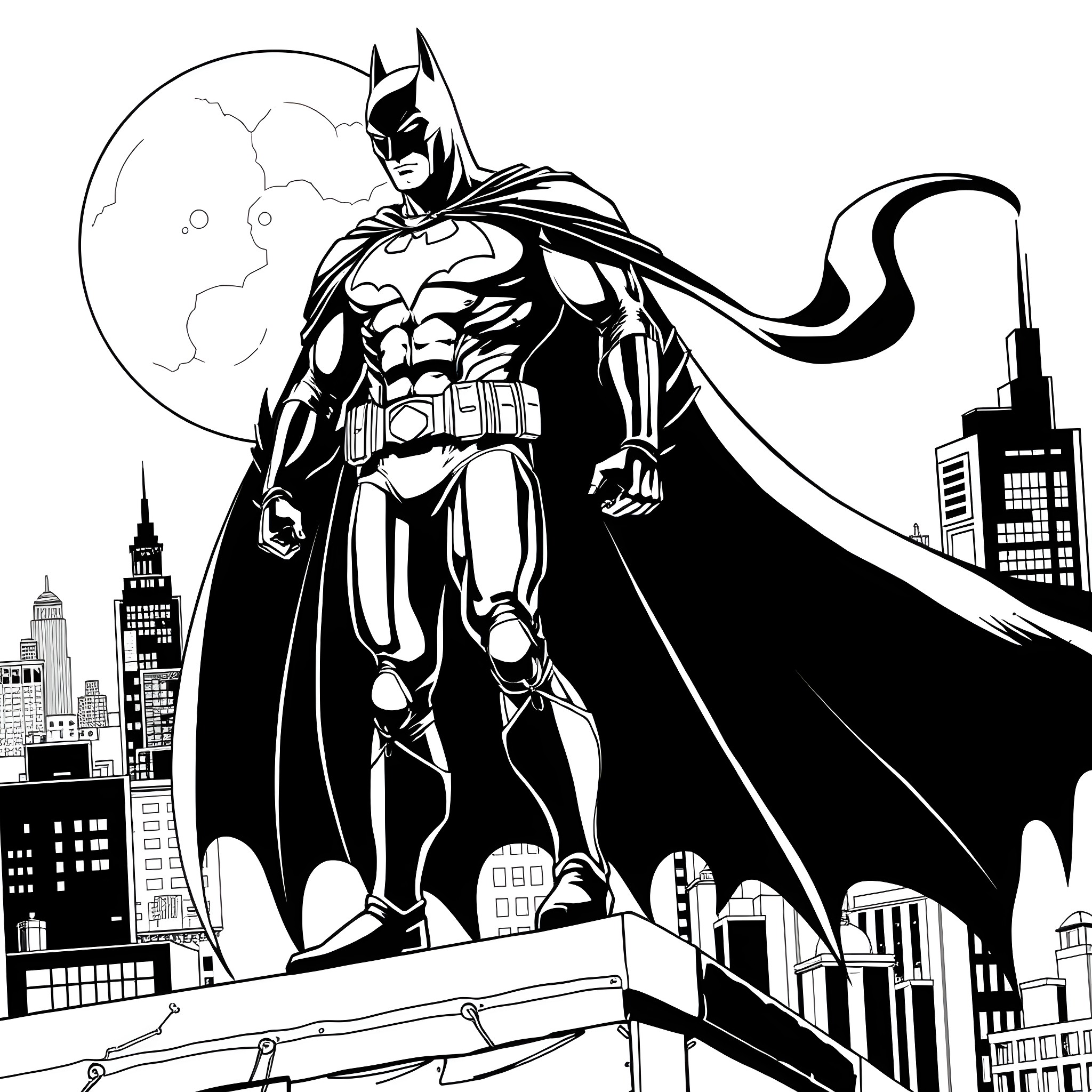 Batman standing vigilantly over the city skyline Coloring Page (free black-and-white line drawing printable PDF for all, from beginners to advanced learners, including children, teens, adults, and seniors)