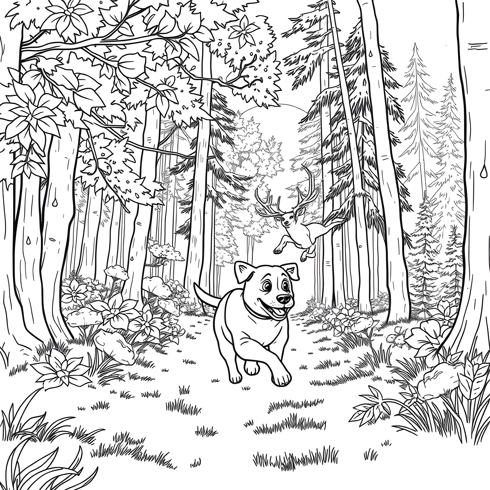 Dog exploring the enchanting forest Coloring Page (free black-and-white line drawing printable PDF for all, from beginners to advanced learners, including children, teens, adults, and seniors)