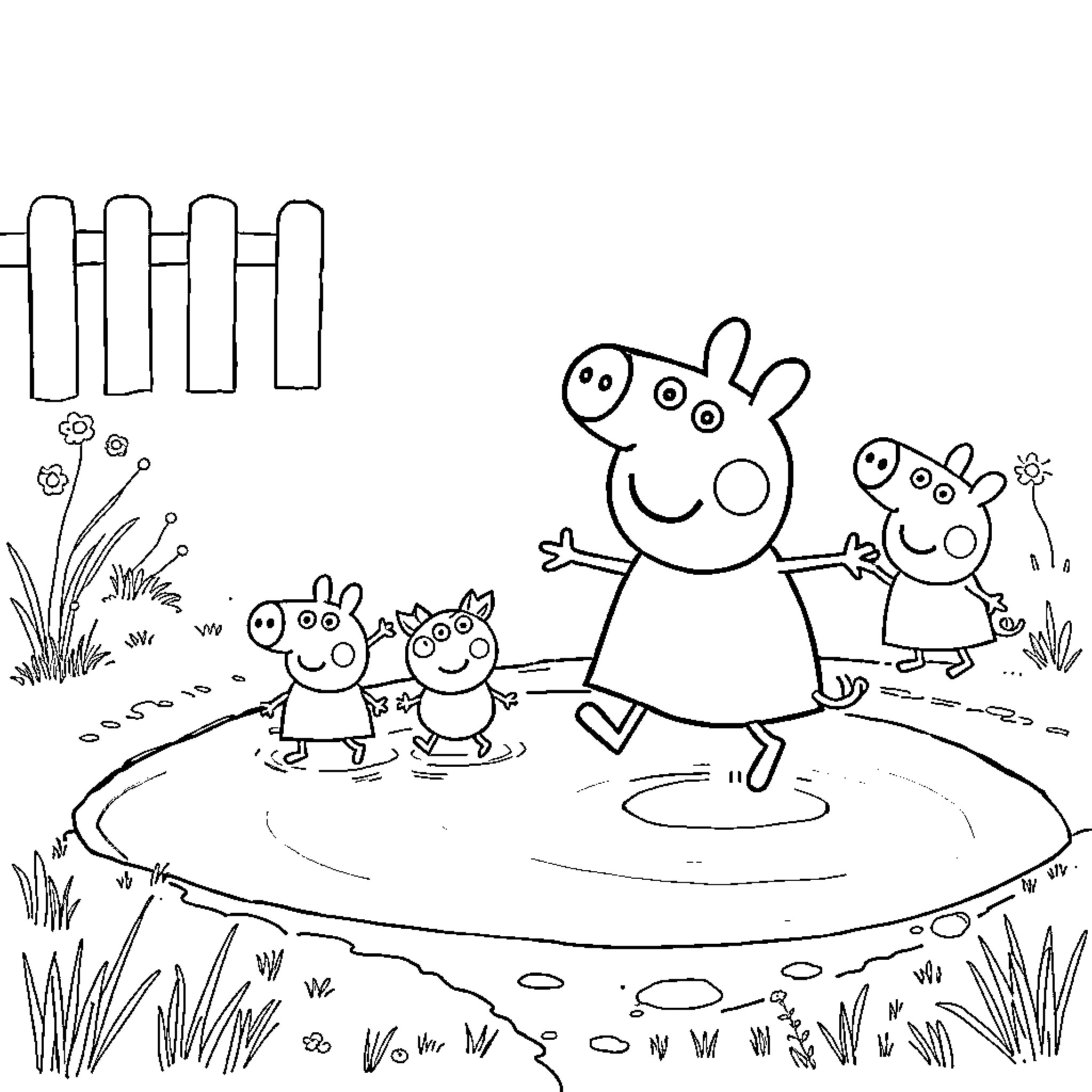 Peppa Pig and family enjoy outdoor adventure Coloring Page (free black-and-white line drawing printable PDF for all, from beginners to advanced learners, including children, teens, adults, and seniors)