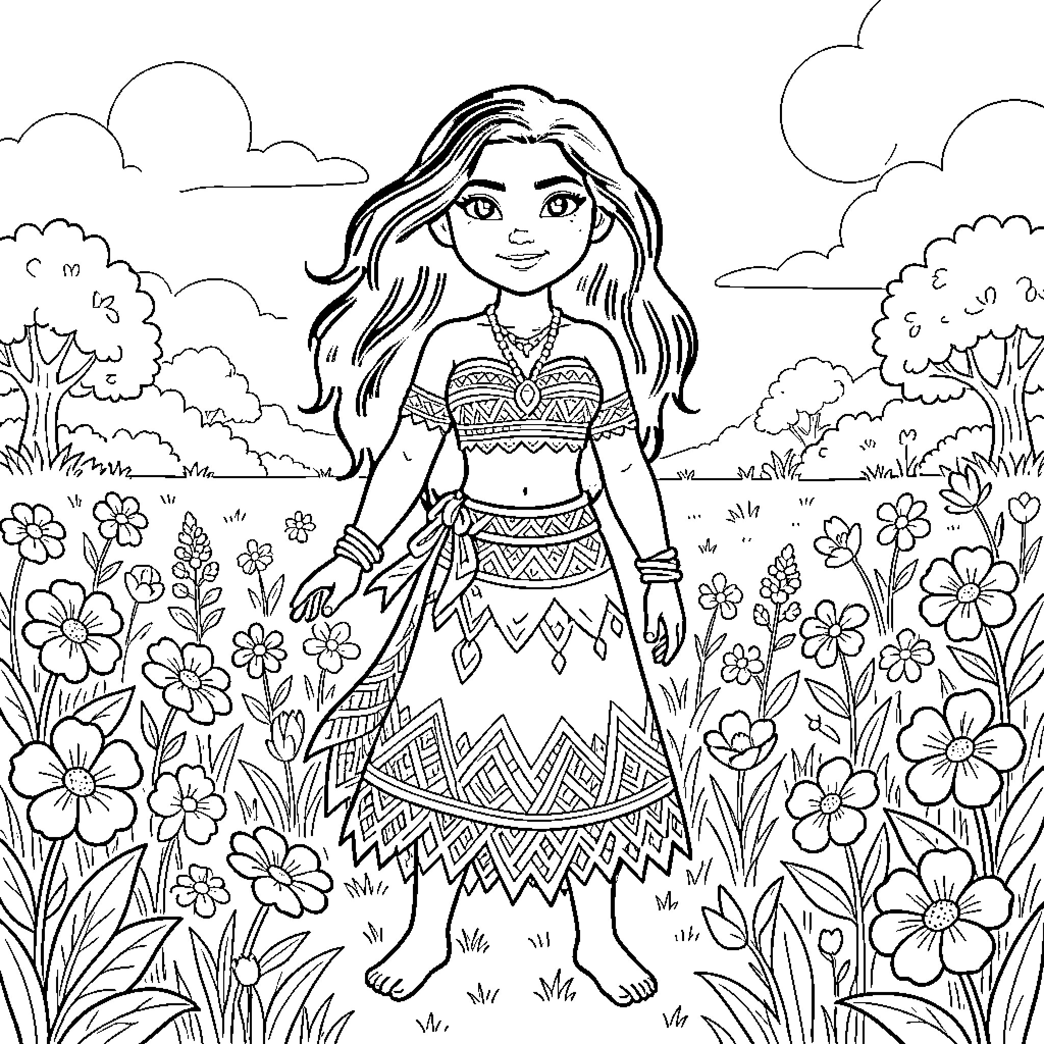 Moana standing peacefully in a field of flowers Coloring Page (free black-and-white line drawing printable PDF for all, from beginners to advanced learners, including children, teens, adults, and seniors)