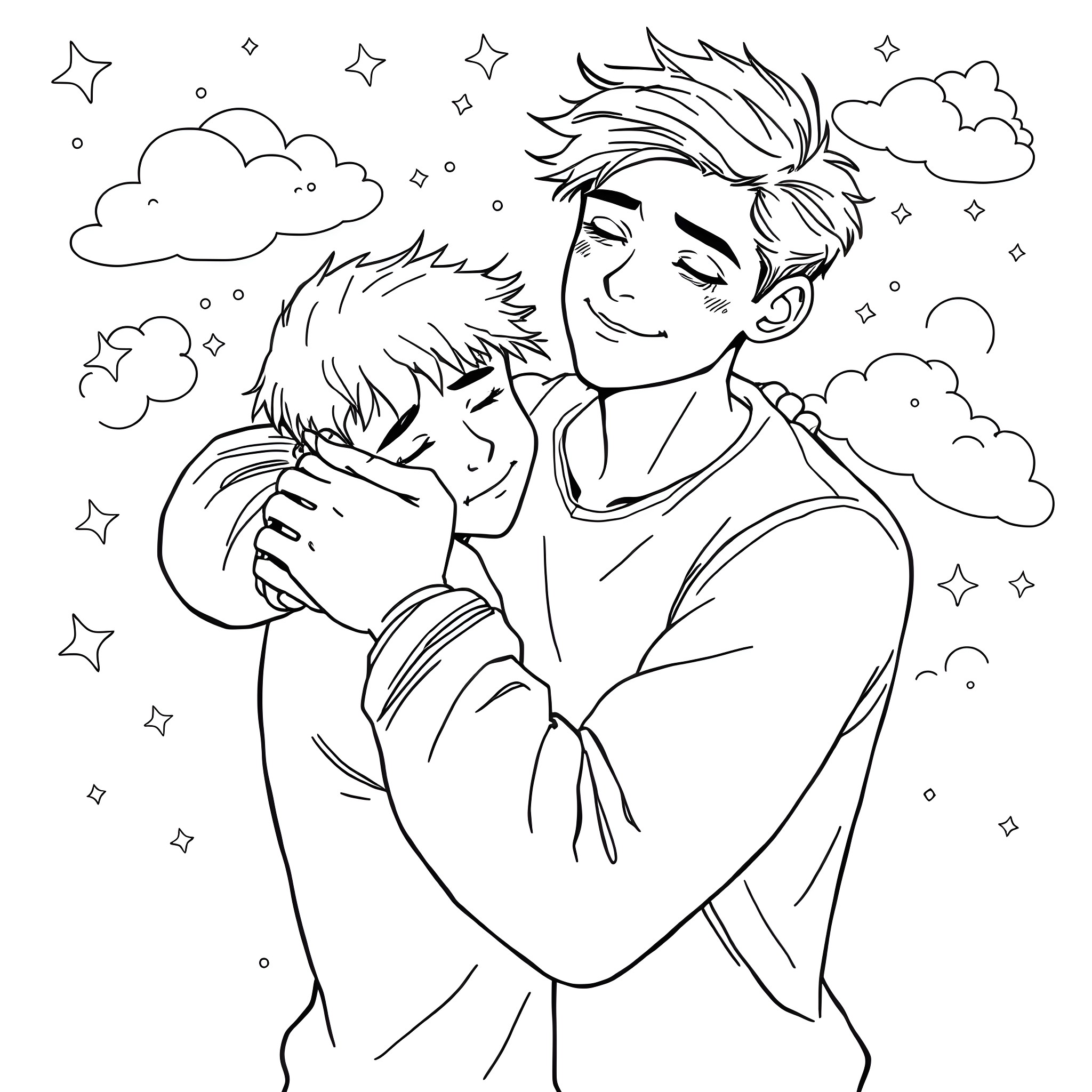 Twink Embracing Loved One under Starry Night Sky Coloring Page (free black-and-white line drawing printable PDF for all, from beginners to advanced learners, including children, teens, adults, and seniors)