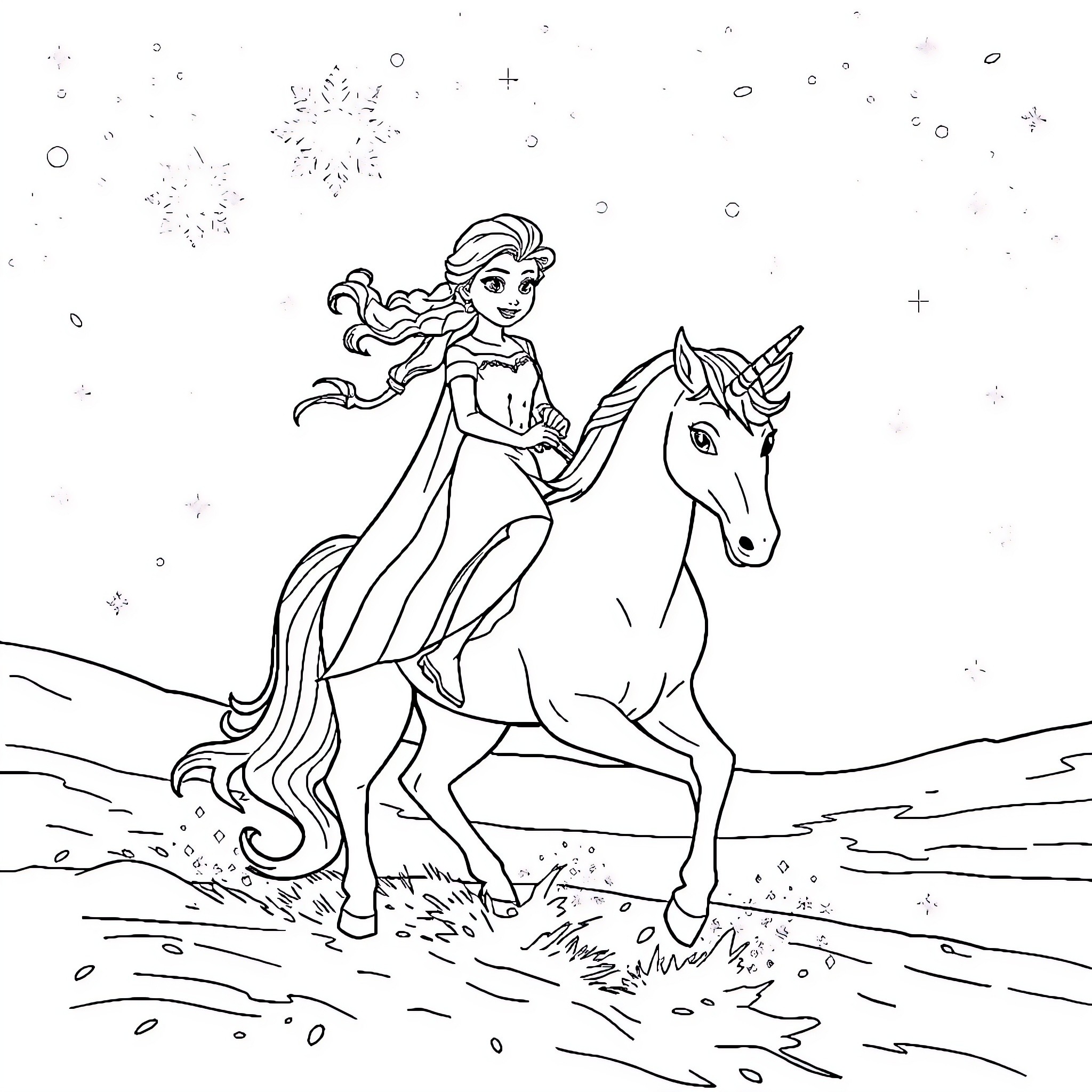 Elsa riding a magical unicorn in a winter wonderland Coloring Page (free black-and-white line drawing printable PDF for all, from beginners to advanced learners, including children, teens, adults, and seniors)