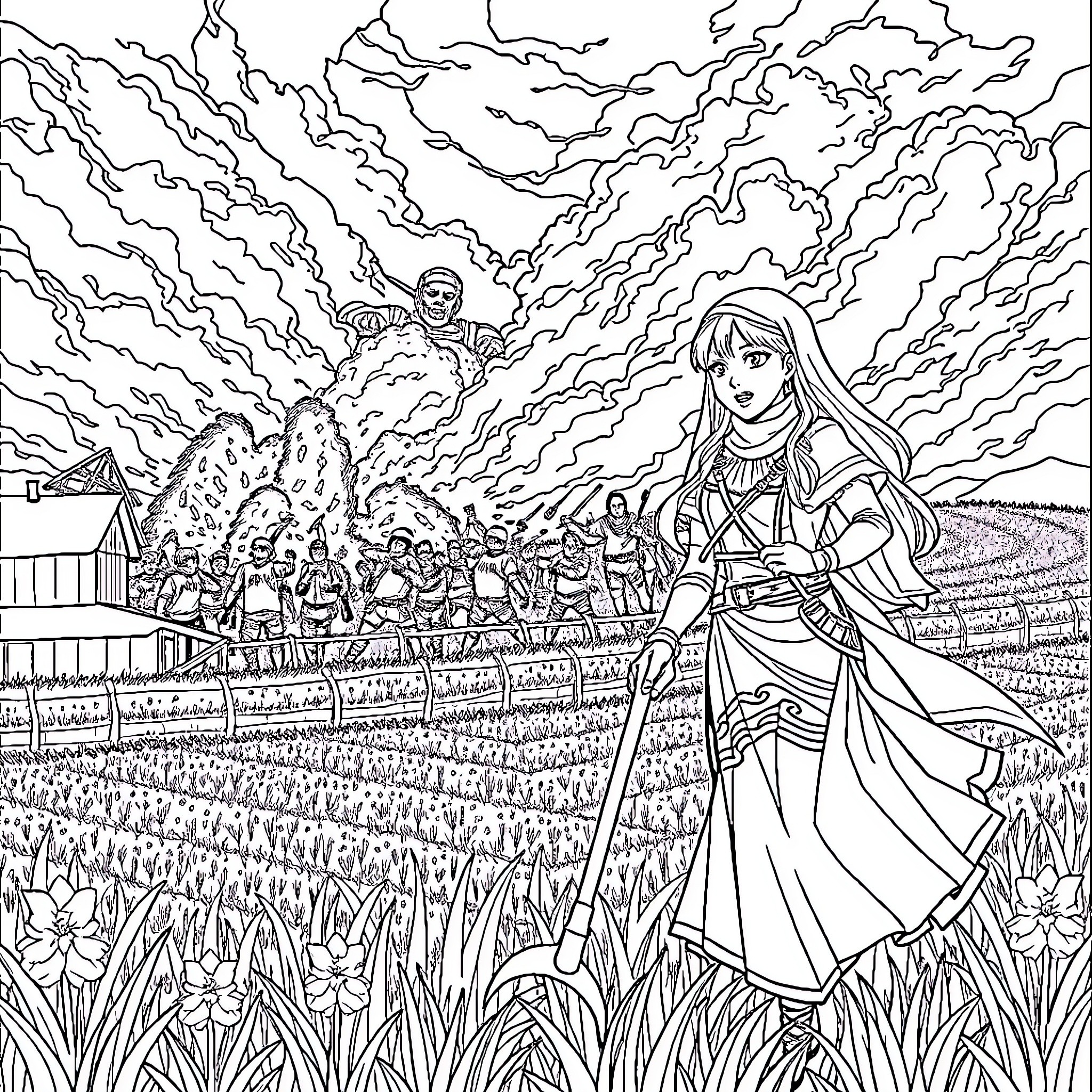 Lady in Regal Attire Leading a Procession Coloring Page (free black-and-white line drawing printable PDF for all, from beginners to advanced learners, including children, teens, adults, and seniors)