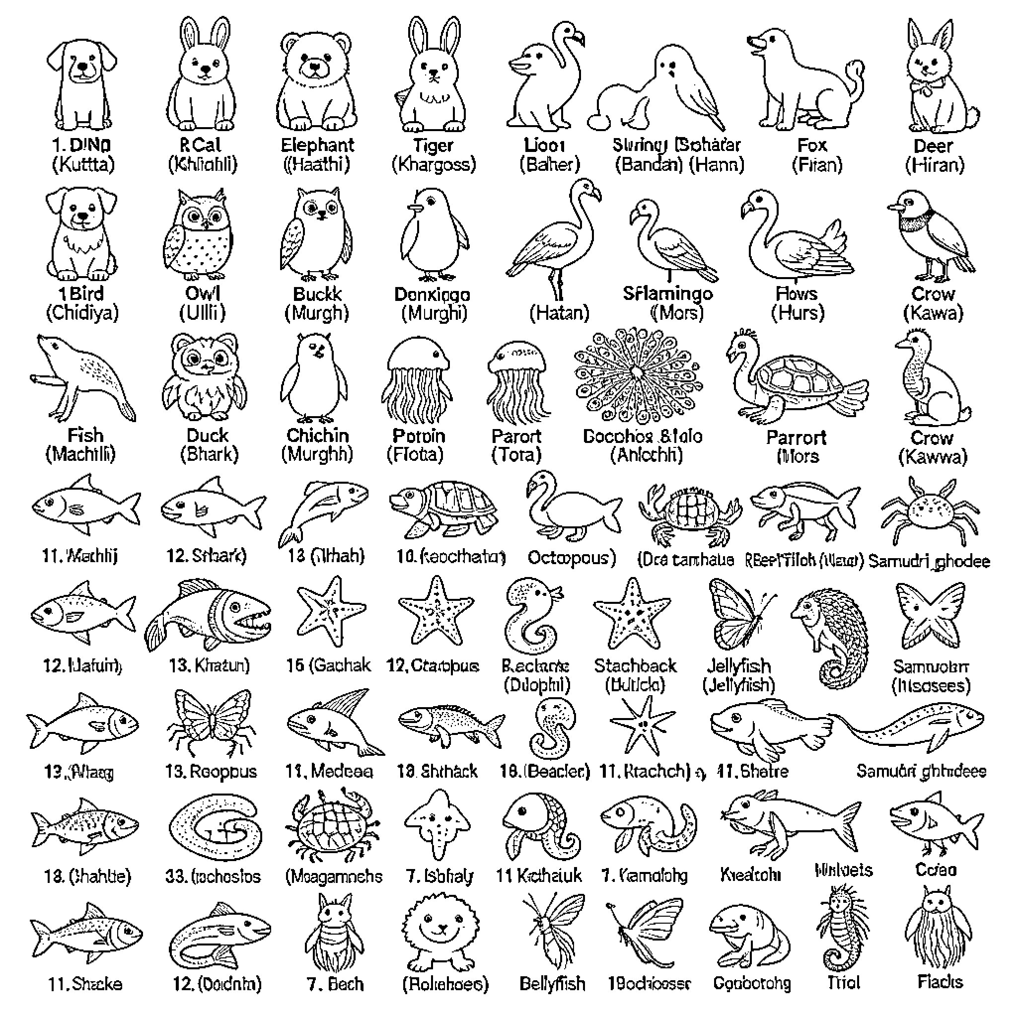 Animal Illustrations of Various Creatures Coloring Page (free black-and-white line drawing printable PDF for all, from beginners to advanced learners, including children, teens, adults, and seniors)