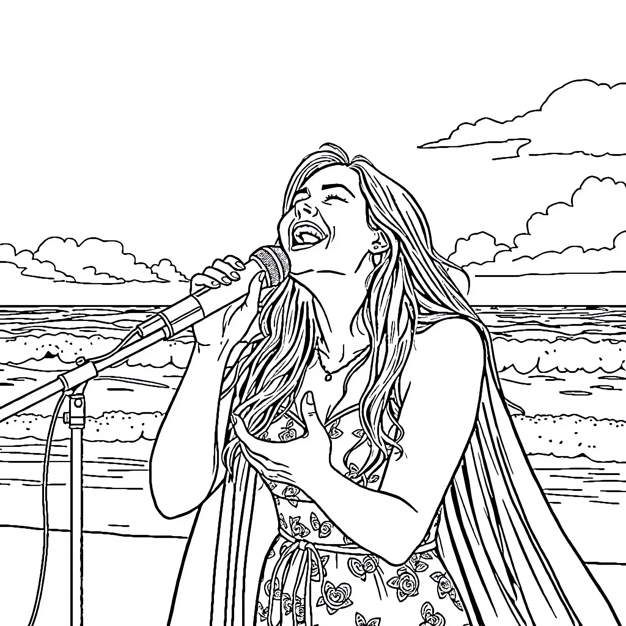 Lara Fabian performing on stage by the ocean Coloring Page (free black-and-white line drawing printable PDF for all, from beginners to advanced learners, including children, teens, adults, and seniors)