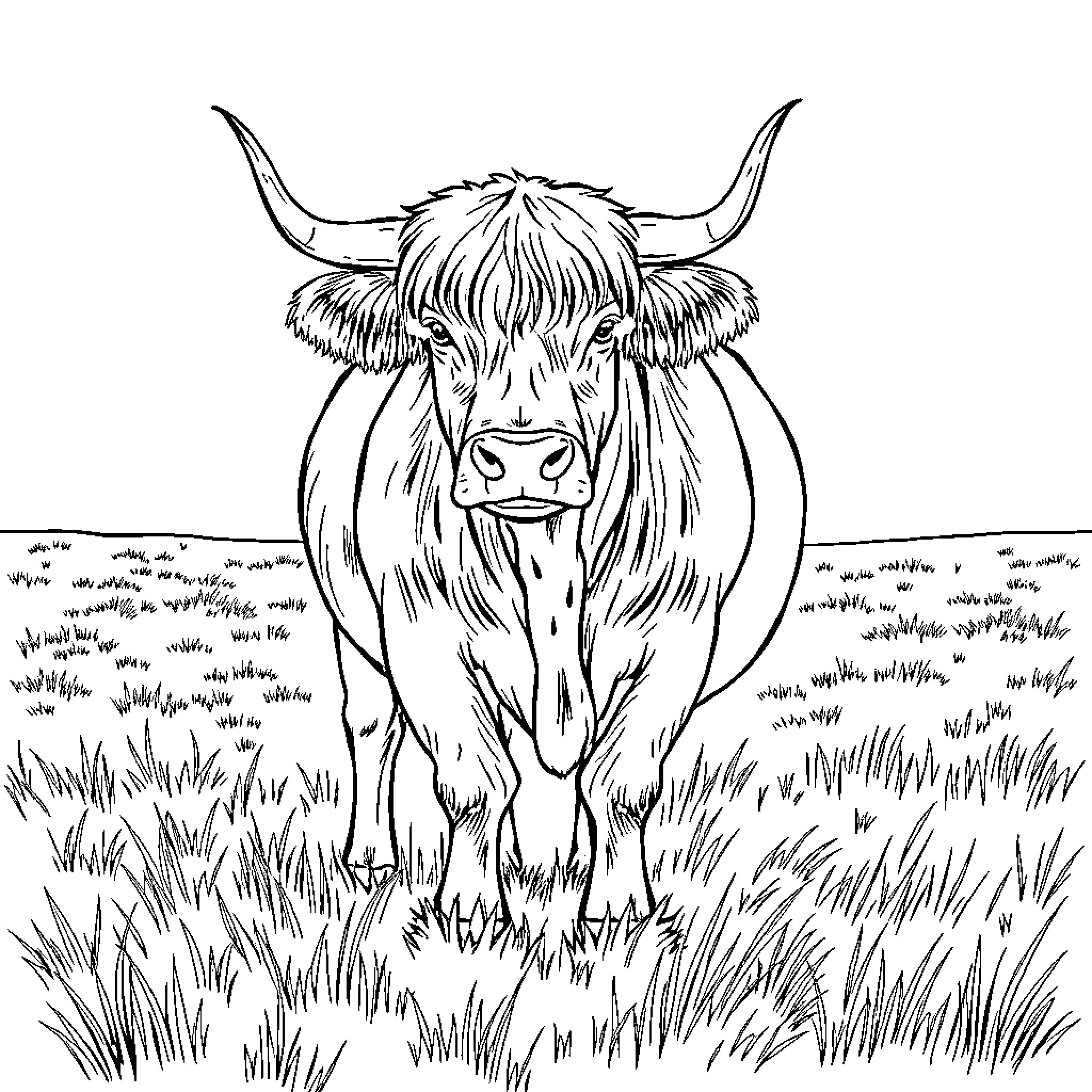Ox gazing intently in a grassy field Coloring Page (free black-and-white line drawing printable PDF for all, from beginners to advanced learners, including children, teens, adults, and seniors)