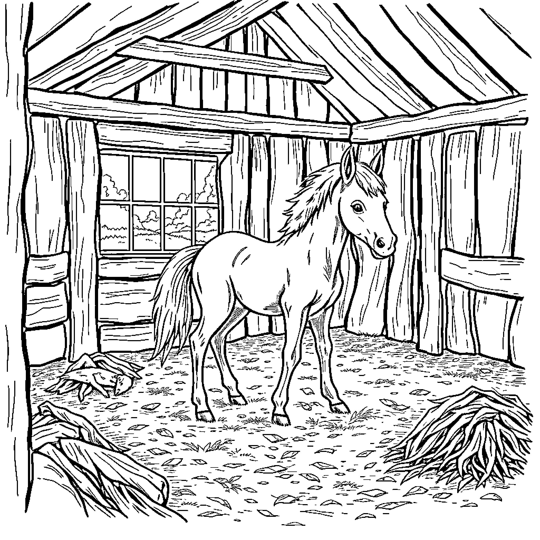 Foal standing in rustic barn Coloring Page (free black-and-white line drawing printable PDF for all, from beginners to advanced learners, including children, teens, adults, and seniors)