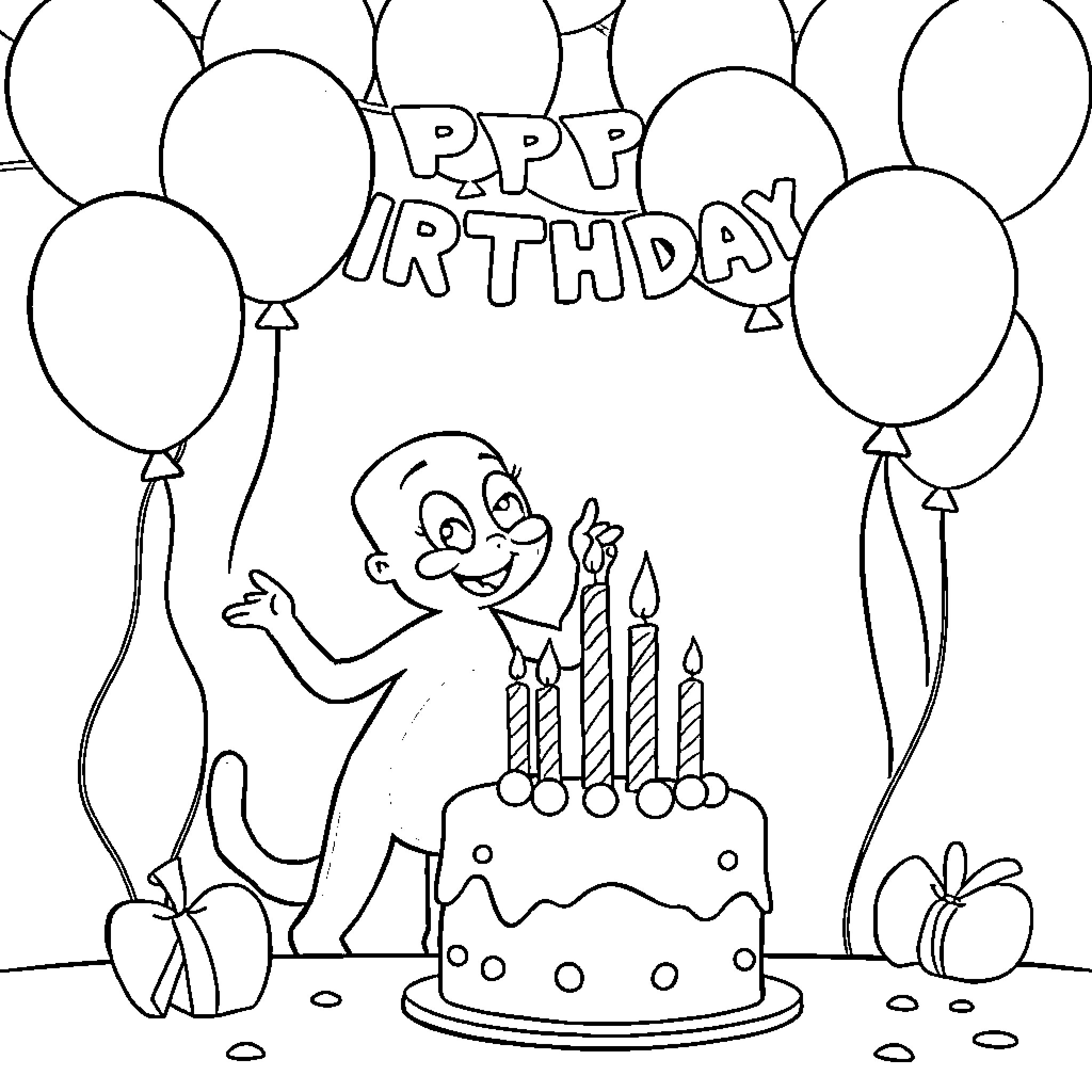 Bluey's Happy Birthday Party with Cake and Balloons Coloring Page (free black-and-white line drawing printable PDF for all, from beginners to advanced learners, including children, teens, adults, and seniors)