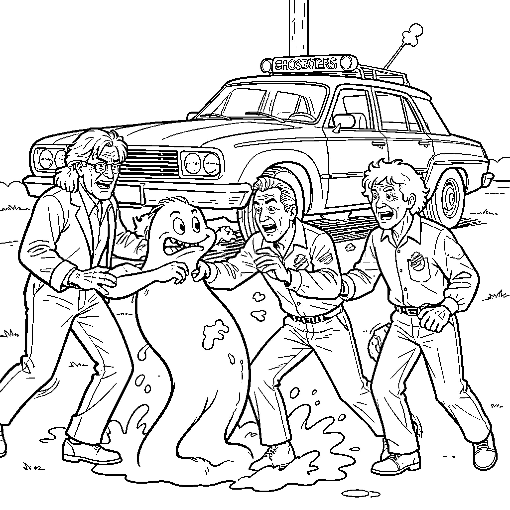 Ghostbusters capturing a supernatural entity Coloring Page (free black-and-white line drawing printable PDF for all, from beginners to advanced learners, including children, teens, adults, and seniors)