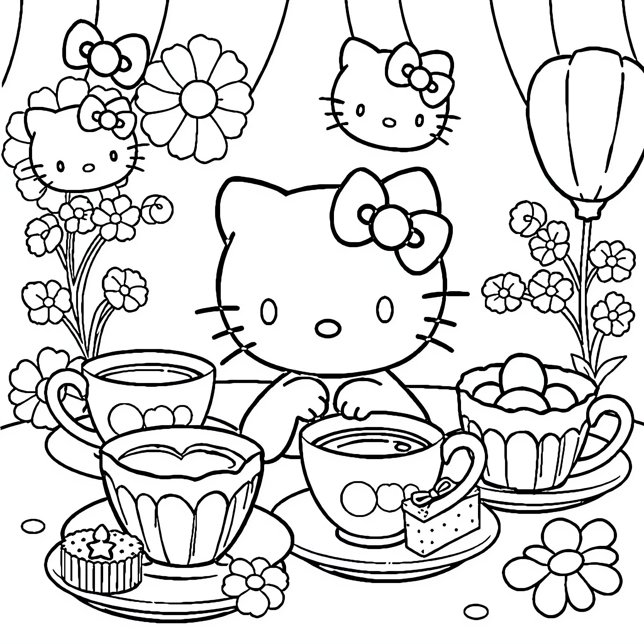 Hello Kitty enjoying a tea party with flowers Coloring Page (free black-and-white line drawing printable PDF for all, from beginners to advanced learners, including children, teens, adults, and seniors)