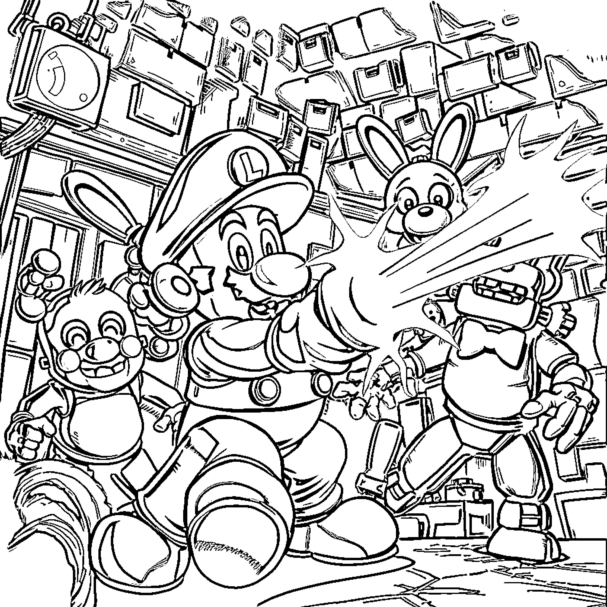 Luigi's Chaotic Cartoon Adventure Coloring Page (free black-and-white line drawing printable PDF for all, from beginners to advanced learners, including children, teens, adults, and seniors)