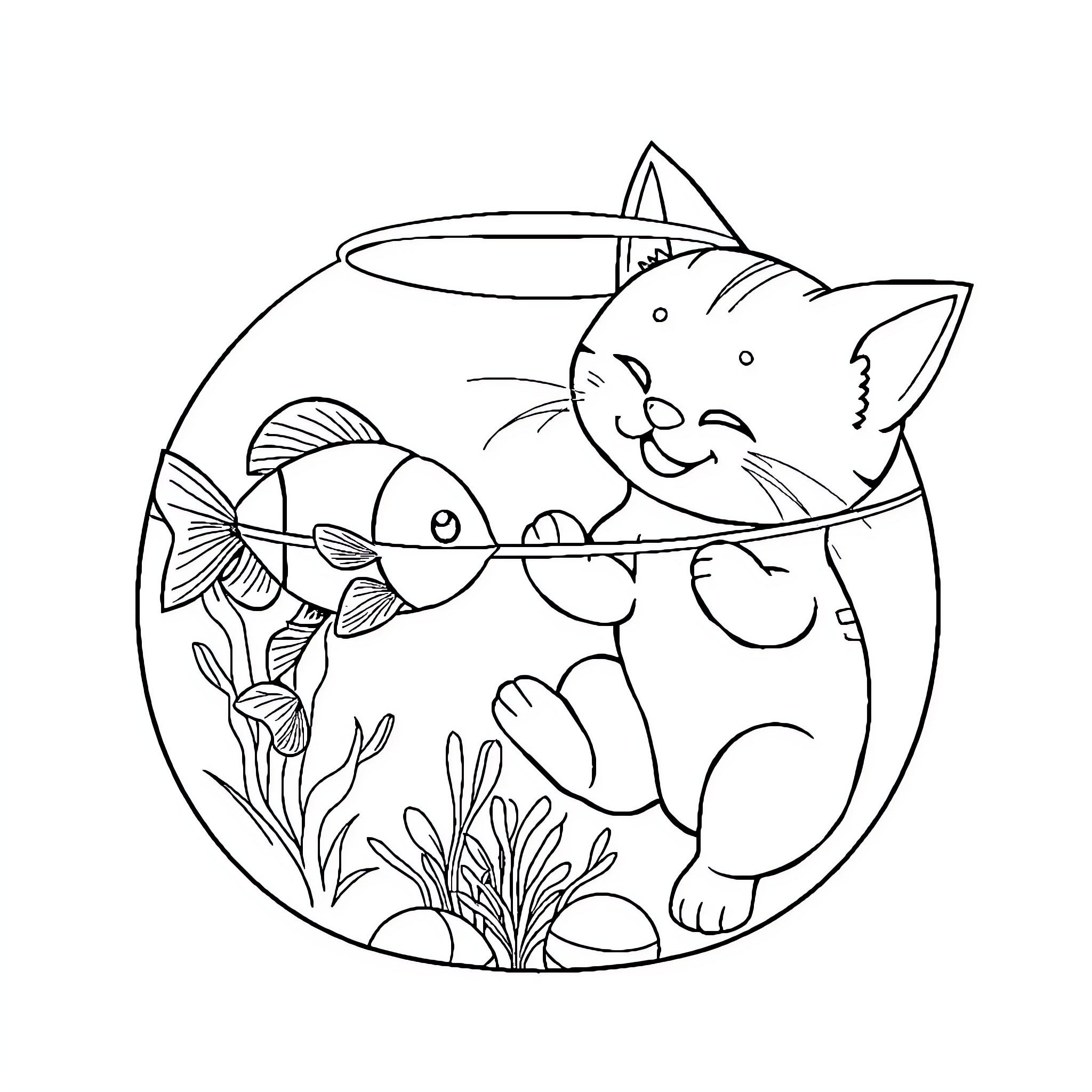 Chat with Playful Feline and Aquarium Creatures Coloring Page (free black-and-white line drawing printable PDF for all, from beginners to advanced learners, including children, teens, adults, and seniors)
