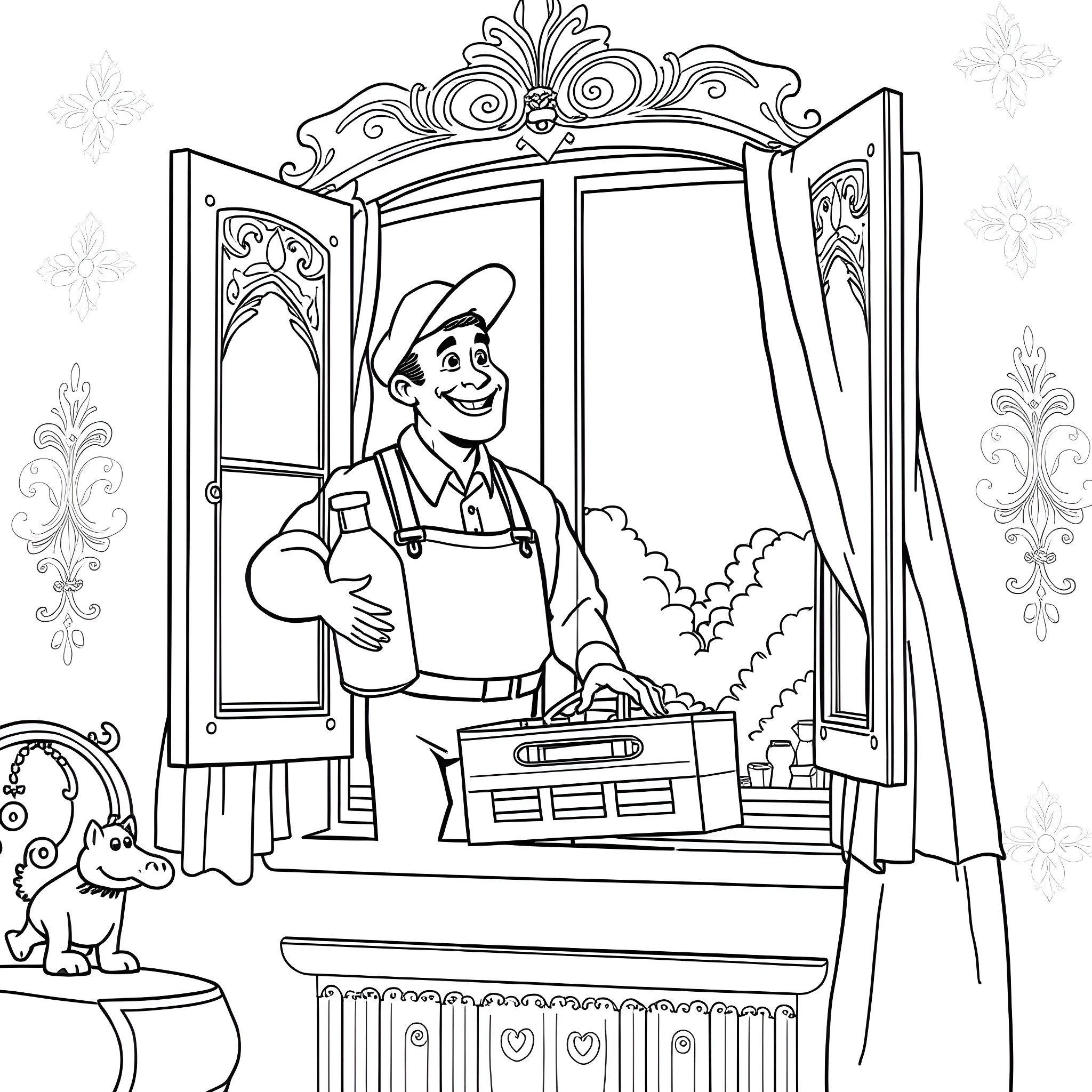 Milkman delivering goods with a smile on his face Coloring Page (free black-and-white line drawing printable PDF for all, from beginners to advanced learners, including children, teens, adults, and seniors)