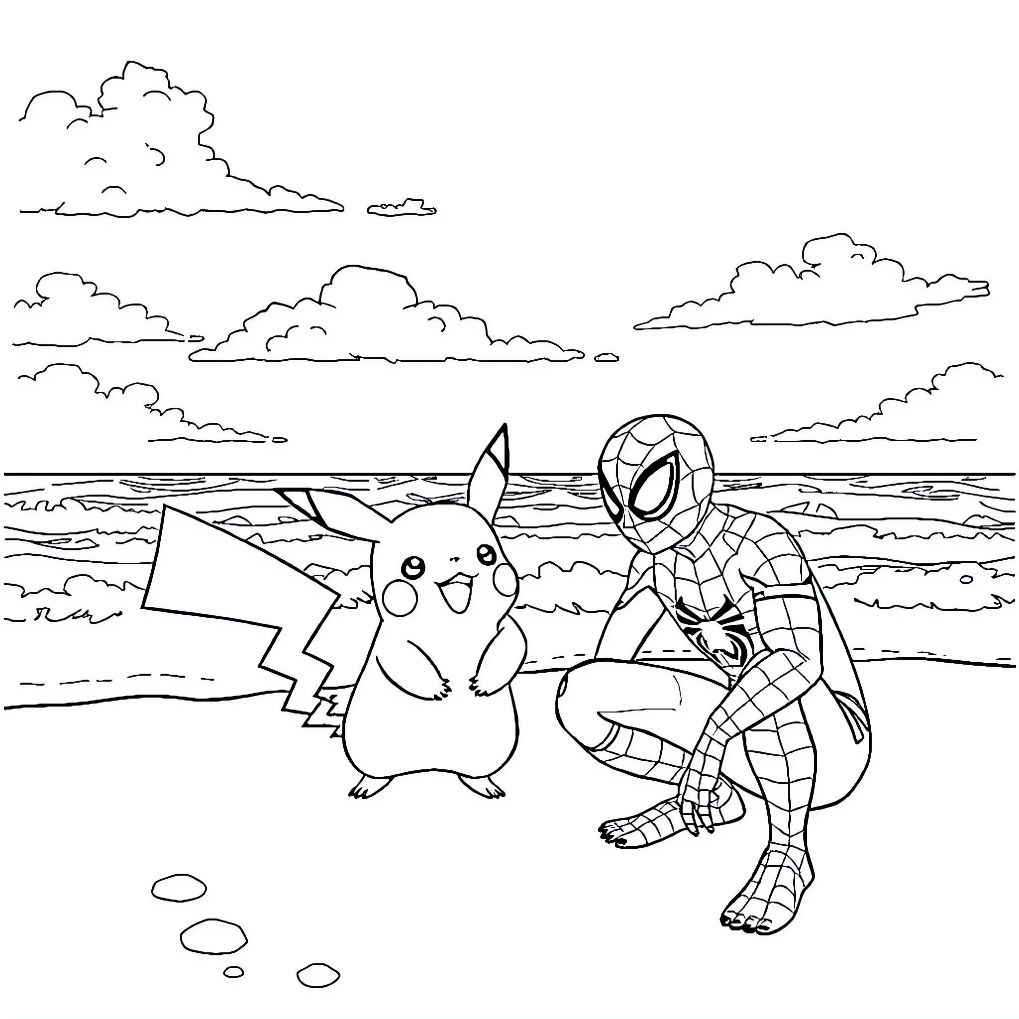 Spiderman exploring the beach with Pikachu Coloring Page (free black-and-white line drawing printable PDF for all, from beginners to advanced learners, including children, teens, adults, and seniors)
