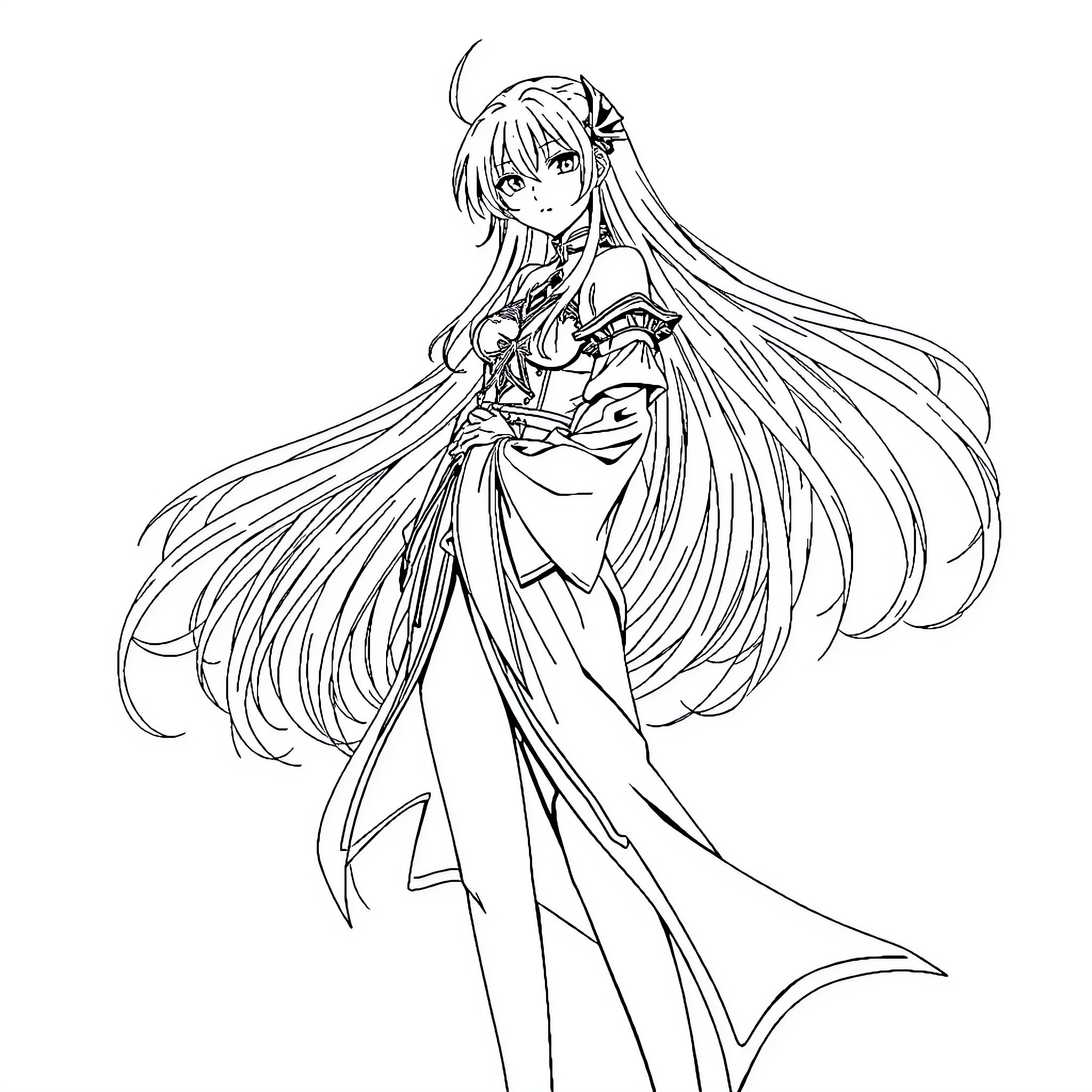 Nakime's Majestic Attire and Flowing Hair Coloring Page (free black-and-white line drawing printable PDF for all, from beginners to advanced learners, including children, teens, adults, and seniors)